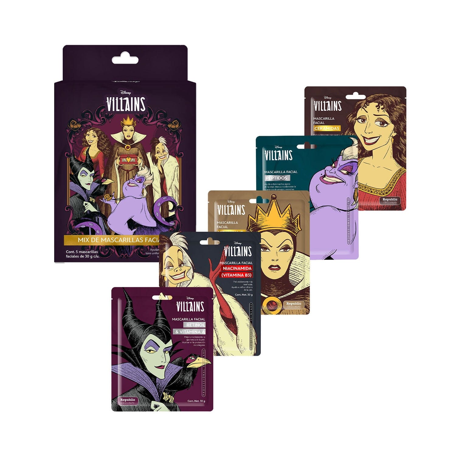 5-Piece Villain Skincare Mask Set - Retinol (Vitamin A), Vitamin C, Niacinamide (B3), Peptide & Ceramide Masks for Glowing Skin | Perfect for Spa Night, Self-Care Routine & Travel Skincare