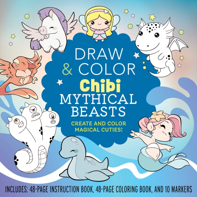 Draw and Color Chibi Mythical Beasts Kit - Create Magical Cuties with 48-Page Instruction Book, 48-Page Coloring Book & 10 Markers - Perfect for Kids Art Projects, Birthday Gifts & Creative Fun