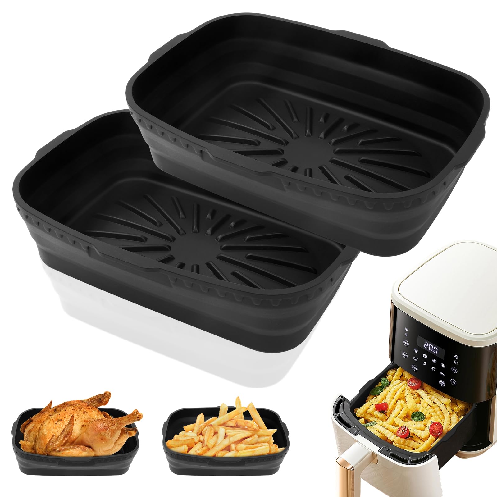 Vicloon 2-Pack Silicone Air Fryer Basket - 7.7 x 5.3 x 2 Inches, Foldable & Reusable Non-Stick Cooking Pot for Air Fryers - Perfect for Roasting Vegetables, Baking, and Reheating Food (Black)