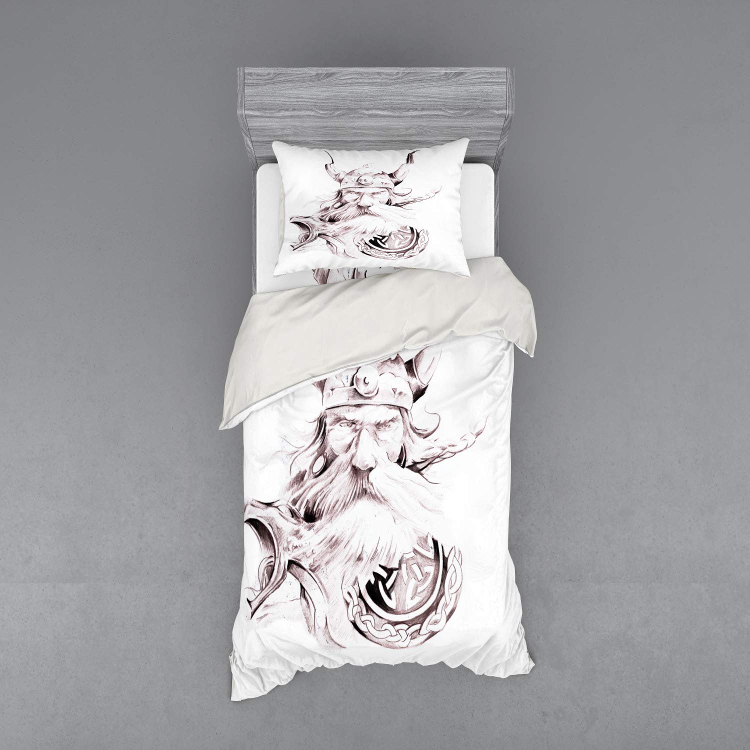 Ambesonne Viking Warrior Duvet Cover Set - 3 Piece Bedding with Sham & Fitted Sheet, Twin Size, Dried Rose White - Norse Mythology Home Decor for Bedroom & Dorm Room