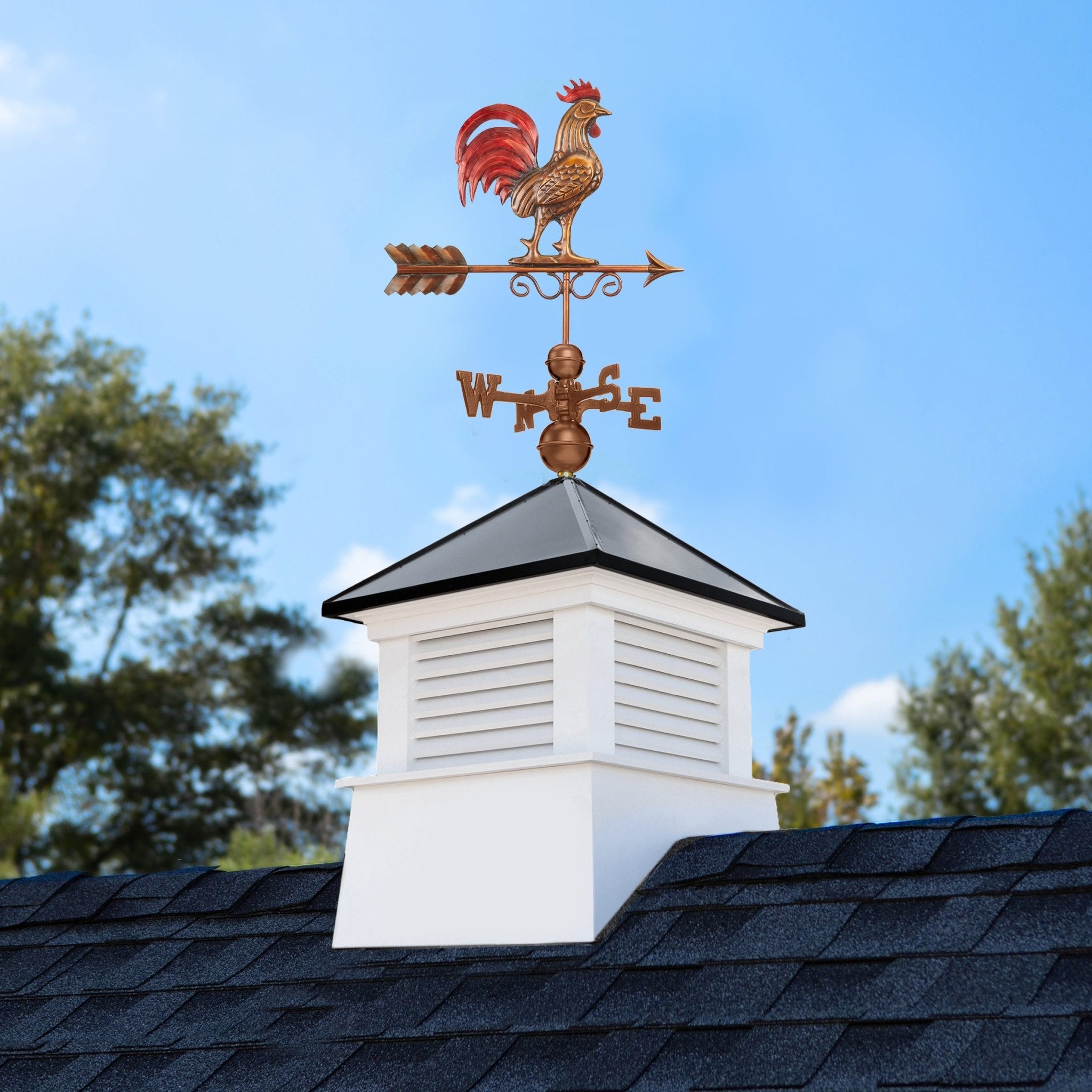 26 Square Manchester Vinyl Cupola with Black Aluminum Roof & Red Rooster Weathervane - Decorative Garden Roof Top Accent for Farmhouse, Barn, Shed or Gazebo by Good Directions