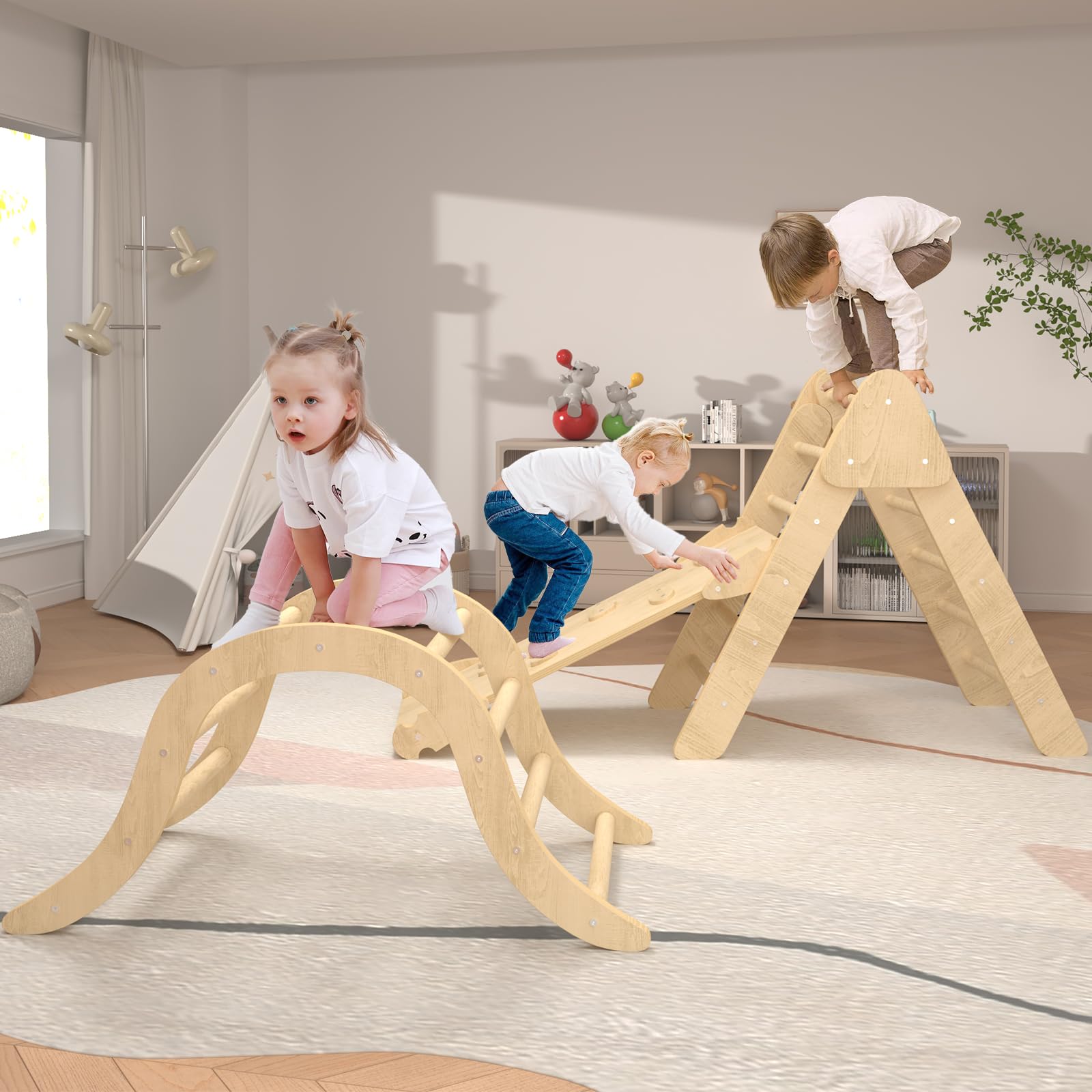 Montessori Climbing Toys for Toddlers - Pikler Triangle & Arch Set with Ramp - Indoor Playground Equipment for Kids - Perfect for Home, Daycare & Montessori Learning Activities