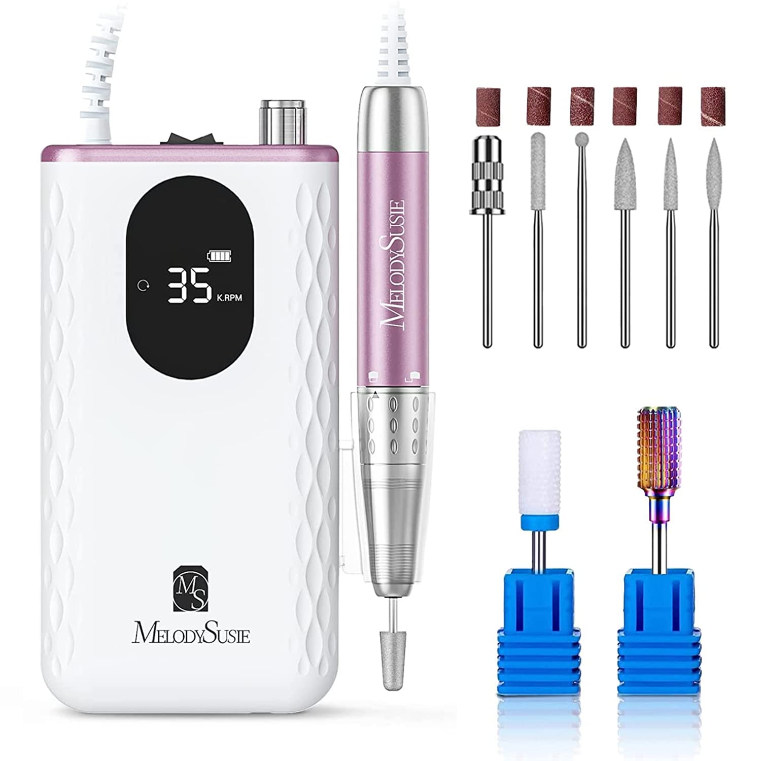 MelodySusie Professional Nail Drill 35000 RPM - Rechargeable Electric Nail File for Gel Polish Removal | Fast Cooling & Quiet Manicure Tool | Portable E-File for Home & Salon Use | Perfect for DIY Nail Art & Professional Pedicures (Model MM400D)