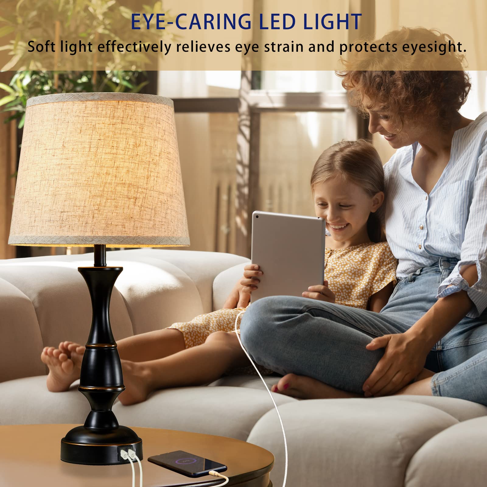 GyroVu Set of 2 Touch Control Table Lamps - 3-Way Dimmable Bedside Lamps with USB Charging Ports for Bedroom, Living Room & Office (Black, Bulbs Included) | Perfect for Night Reading, Home Decor & Workspace Lighting