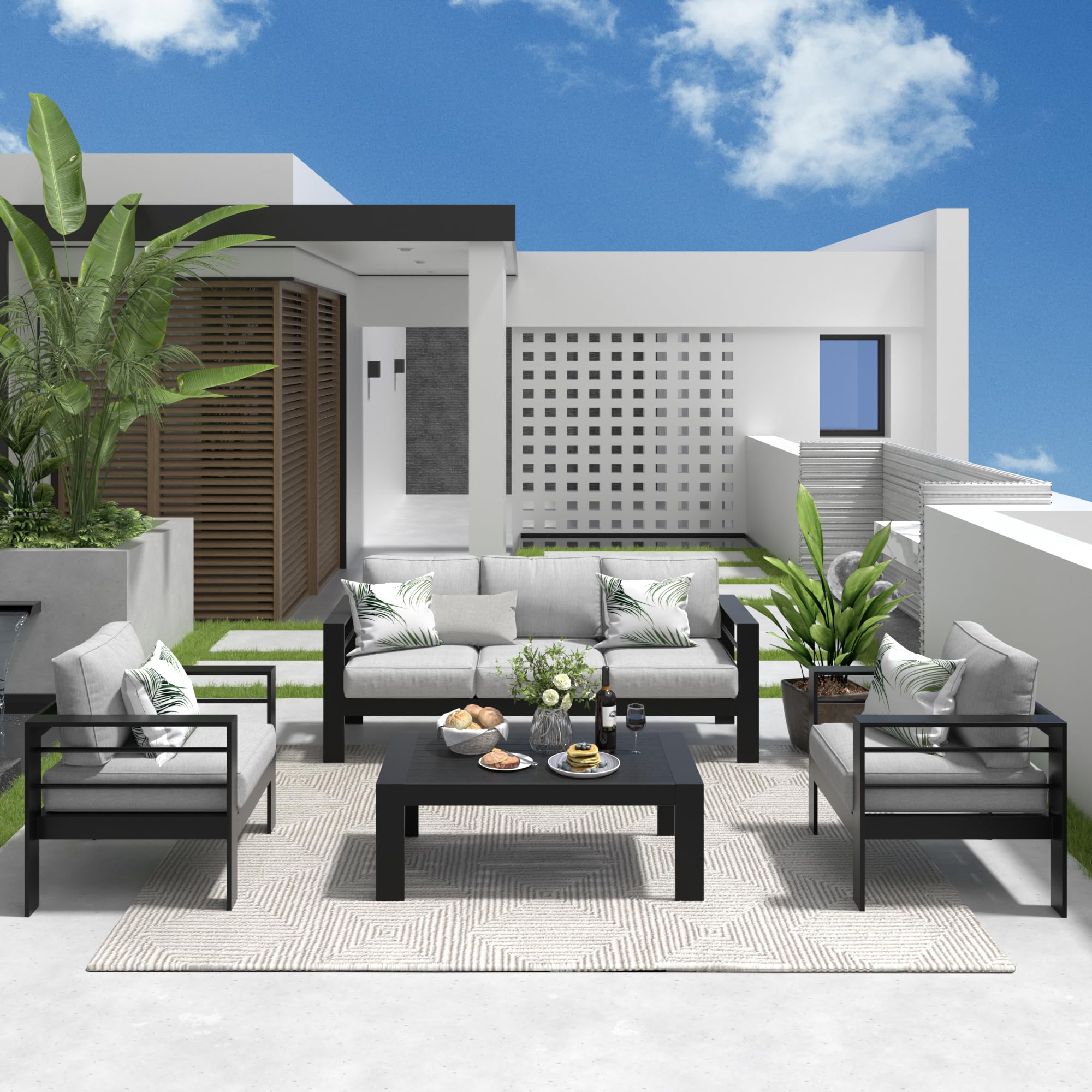 Premium 5-Piece Aluminum Patio Furniture Set - Modern Outdoor Sectional Sofa with Upgraded Cushions & Coffee Table (Black Frame/Grey Cushions) for Backyard, Poolside & Garden Relaxation
