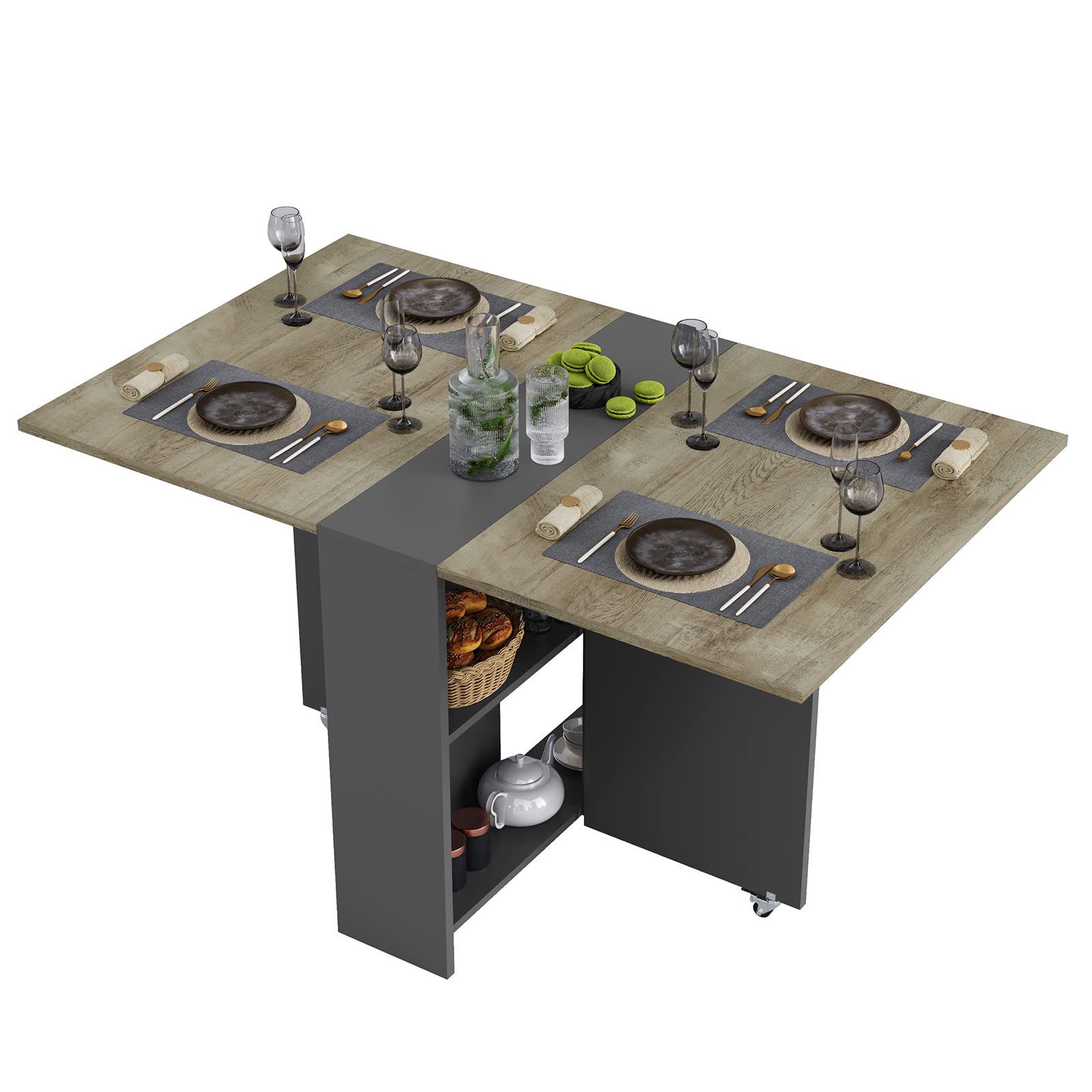 Tiptiper Folding Dining Table with 2 Storage Racks & 6 Wheels - Expandable Drop Leaf Table for Small Spaces - Perfect for Kitchen, Bedroom, Living Room, Dorm & RV Use
