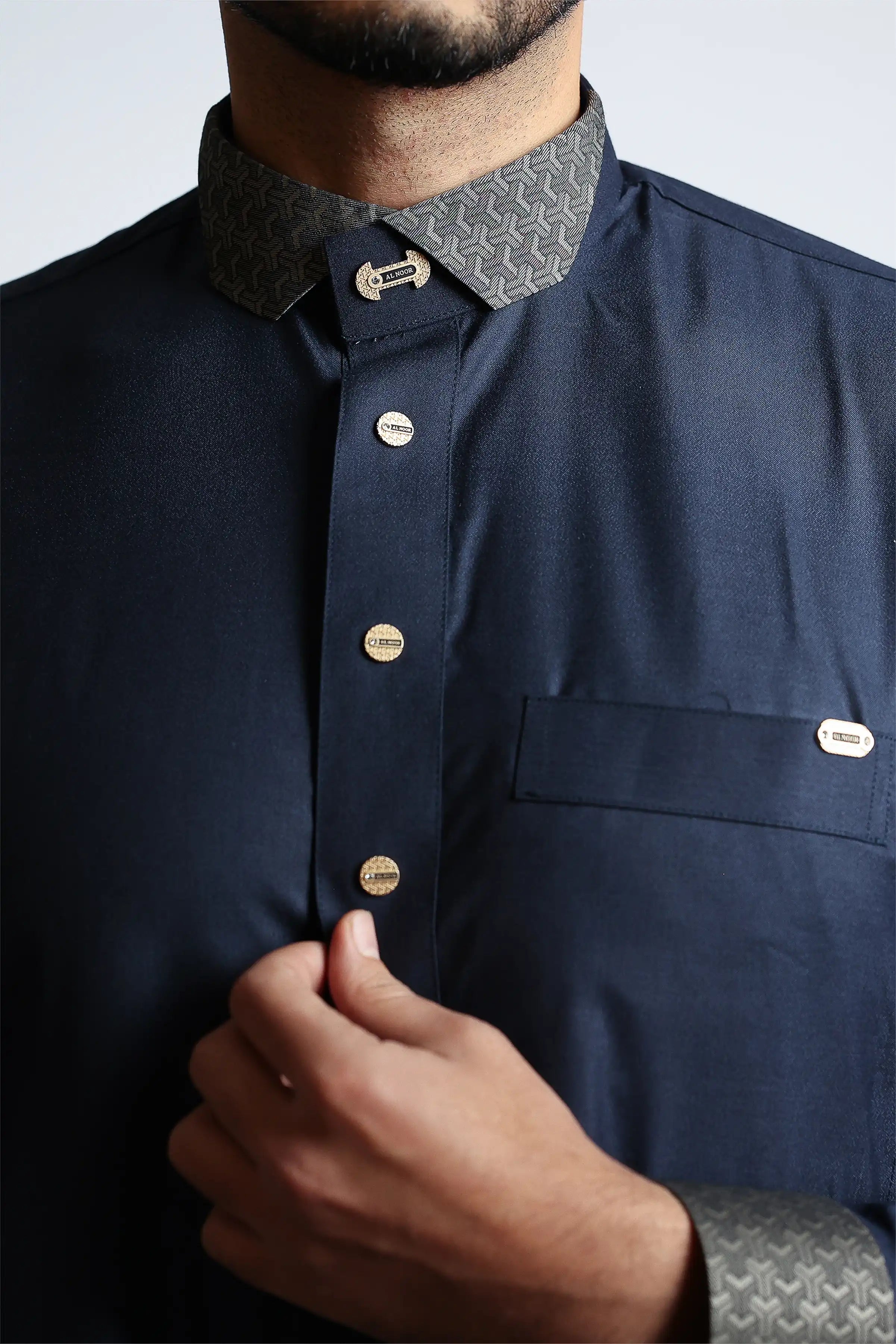 J153 Diplomatic Blue Cutaway Thobe - Premium Embroidered Arabic Robe for Men - Perfect for Weddings, Eid, and Formal Events