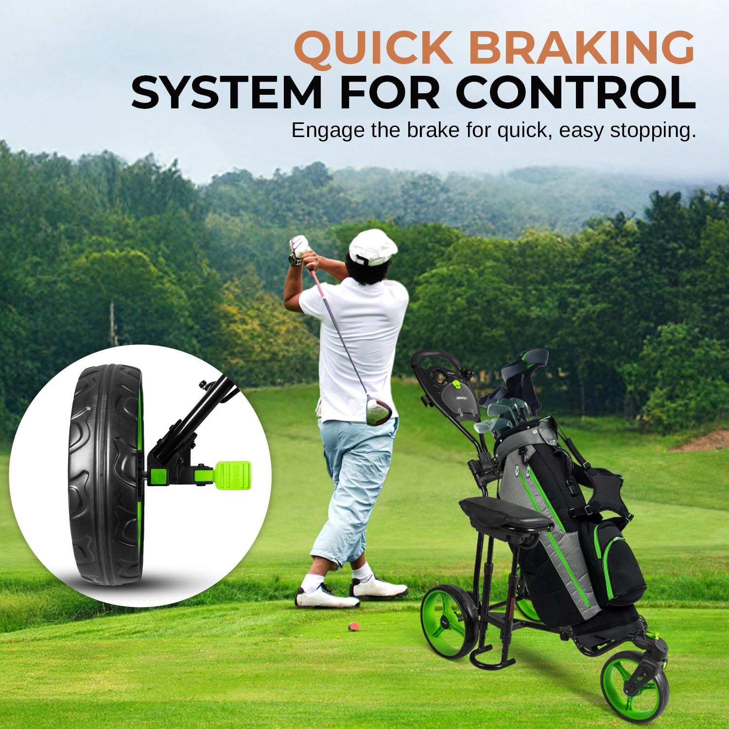JOVIAL 3 Wheel Golf Push Pull Cart with Built-in Seat - Lightweight Foldable Golf Caddy Accessories | Includes Scorecard Holder, Water Bottle/Mobile/Umbrella/Towel Holder | Perfect for Golf Course Relaxation & Walking Rounds