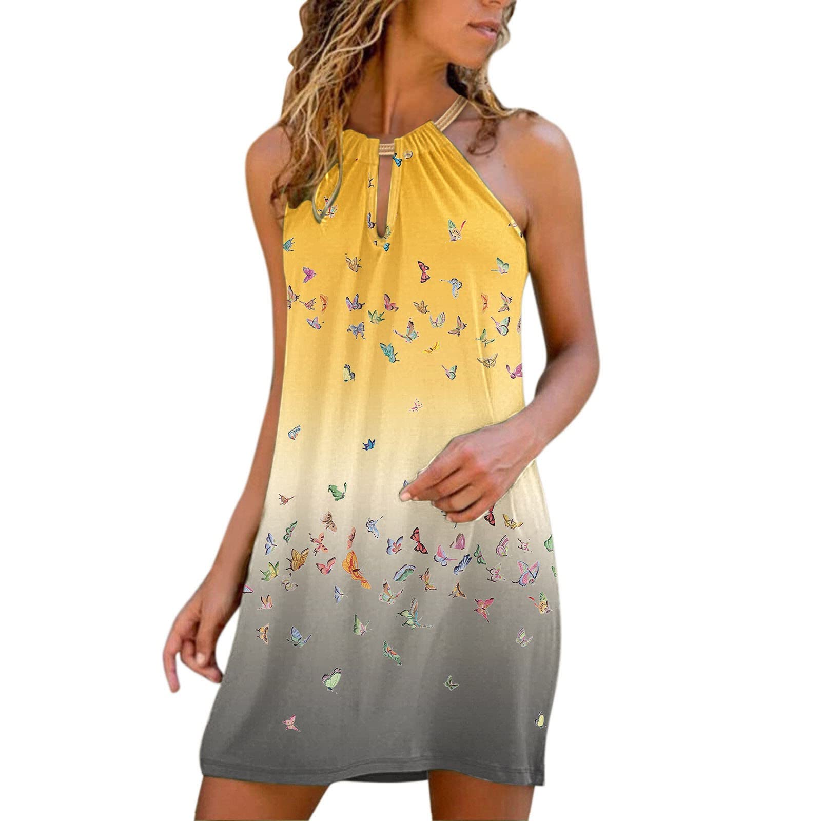 iOPQO Women's Casual Sleeveless Printed Halter Tank Dress with Fashion Buttons | Summer Beachwear, Party Outfit & Vacation Clothing