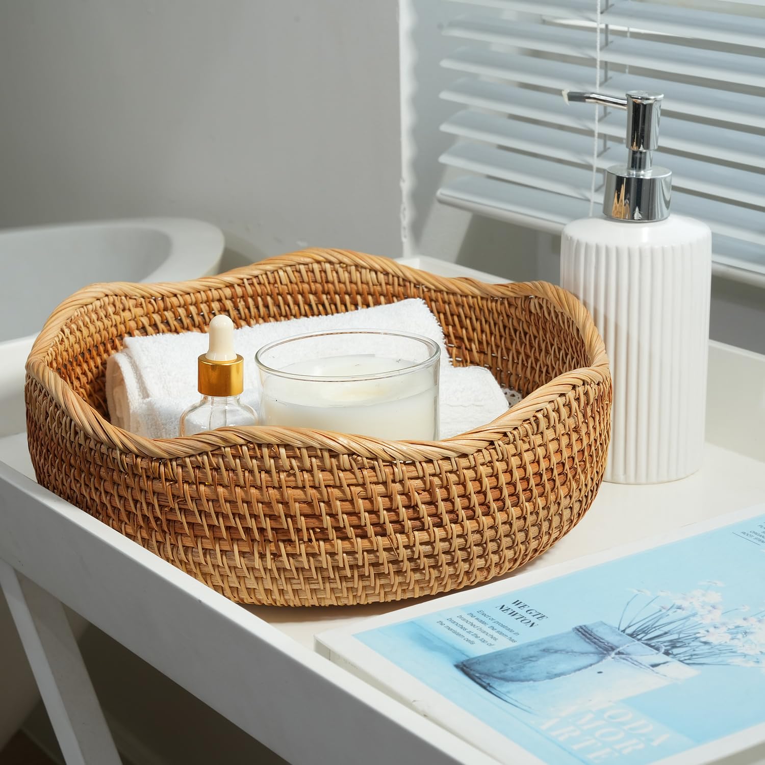 Round Rattan Wicker Bread Basket with Removable White Liner - 11