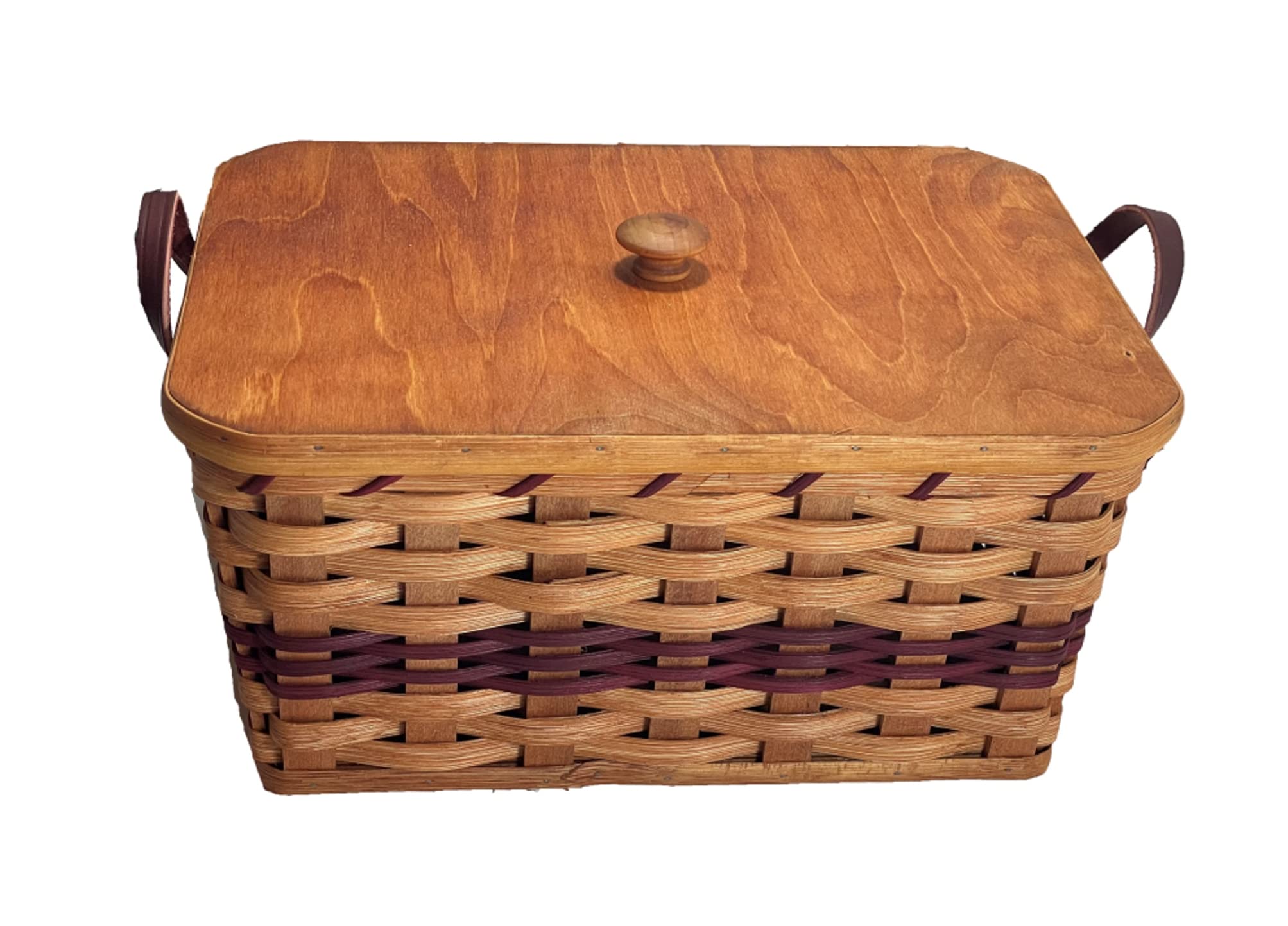 Amish Handmade Oak Rectangular Storage Basket with Handles - Wine Color | Perfect for Knitting, Sewing Supplies & Home Organization | Rustic Farmhouse Decor for Living Room, Bedroom & Craft Room