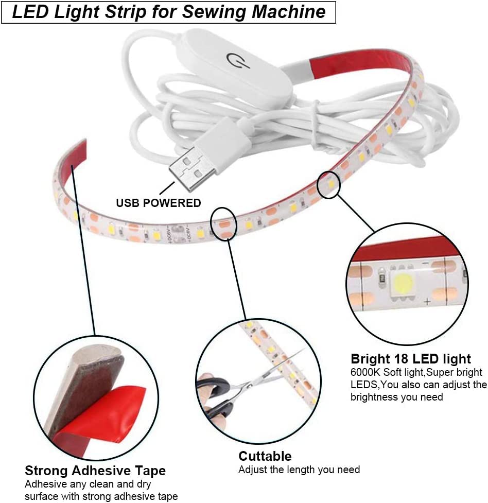 5V 30CM USB LED Sewing Machine Light Strip with Touch Dimmer - 18 Dimmable LEDs for Sewing Machines, Kitchen Cabinets & Baby Cribs - Easy Installation with Adhesive Clips (White) - Perfect for Nighttime Sewing, Under-Cabinet Lighting & Nursery Safety