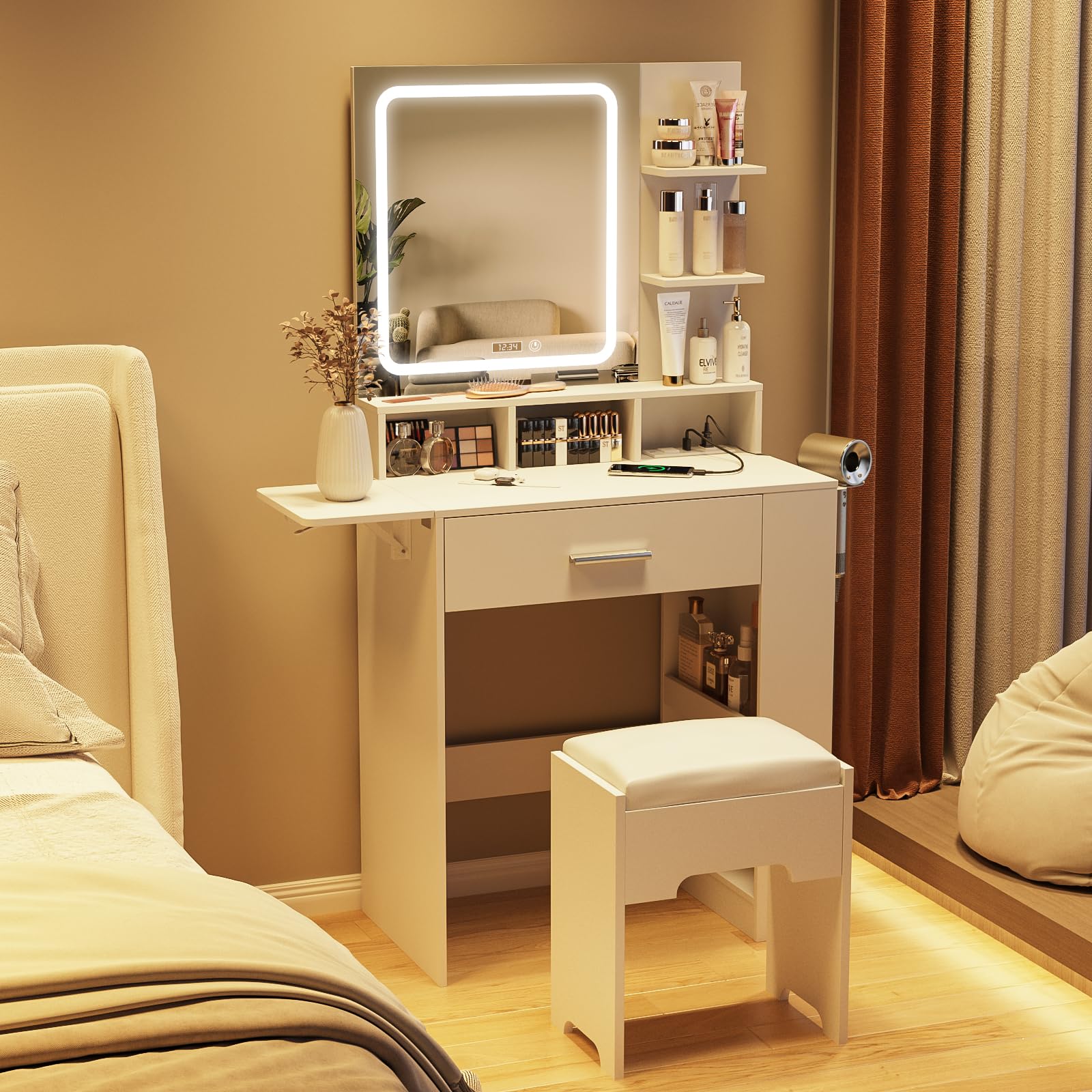 Fameill Small Vanity Desk with Mirror & LED Lights, White Makeup Vanity Table with Drawer, Storage Shelves, USB Charging Station & Digital Clock - Includes Vanity Chair for Bedroom, Dressing Room & Apartment Decor
