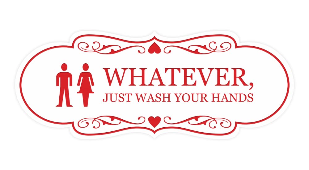 Funny Designer Wash Your Hands Restroom Sign - Large 12x18 Inch Novelty Bathroom Decor (White/Red) | Perfect for Home, Office, Restaurant & Public Restrooms