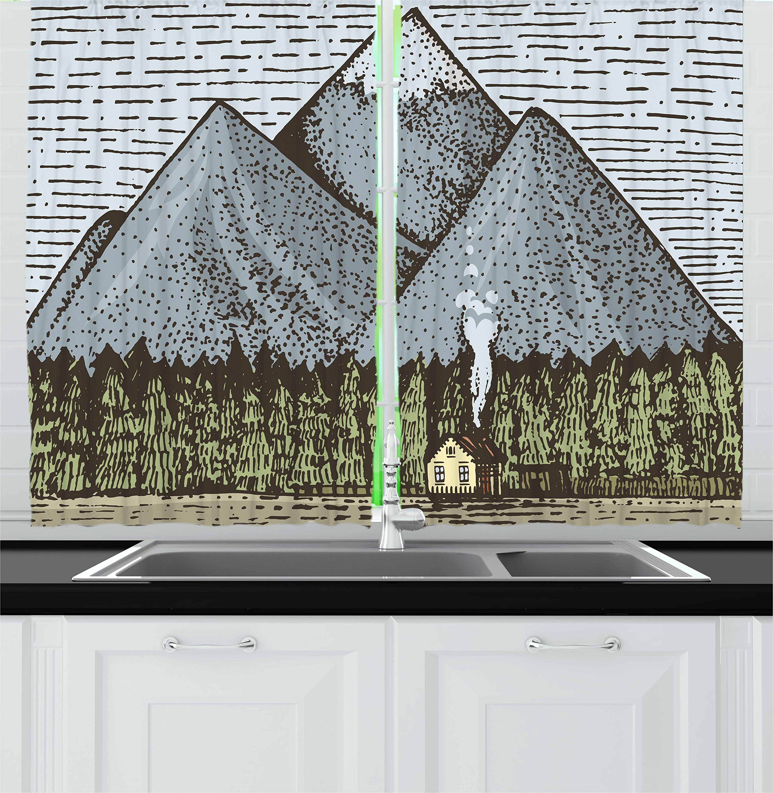 Ambesonne Vintage Mountain Kitchen Curtains - Sketch Art Country House Design, 2 Panel Window Drapes for Kitchen & Cafe Decor, 55