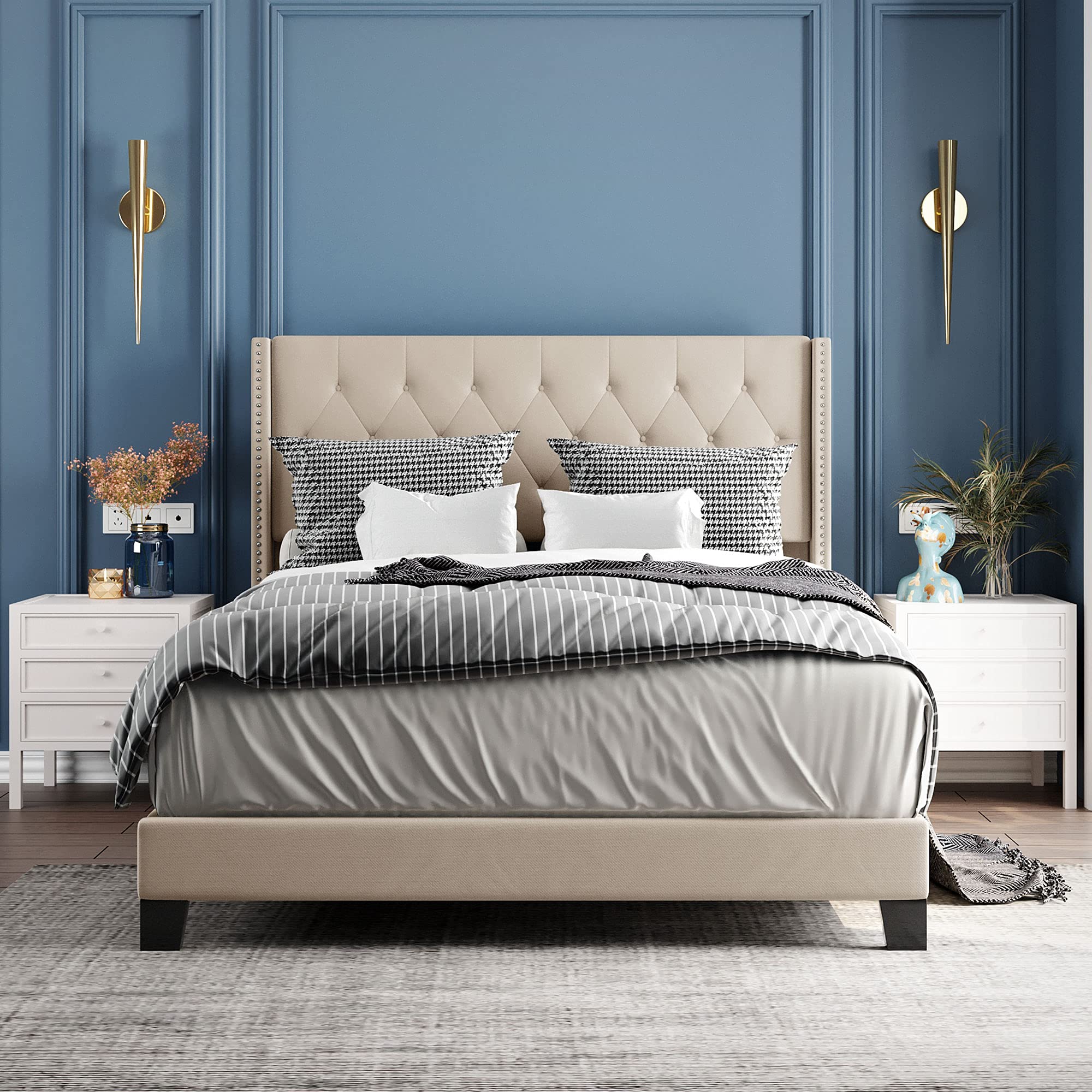 Anwick Upholstered Queen Platform Bed Frame with Mattress Foundation - Easy Assembly, No Box Spring Needed, Beige - Perfect for Modern Bedrooms & Guest Rooms