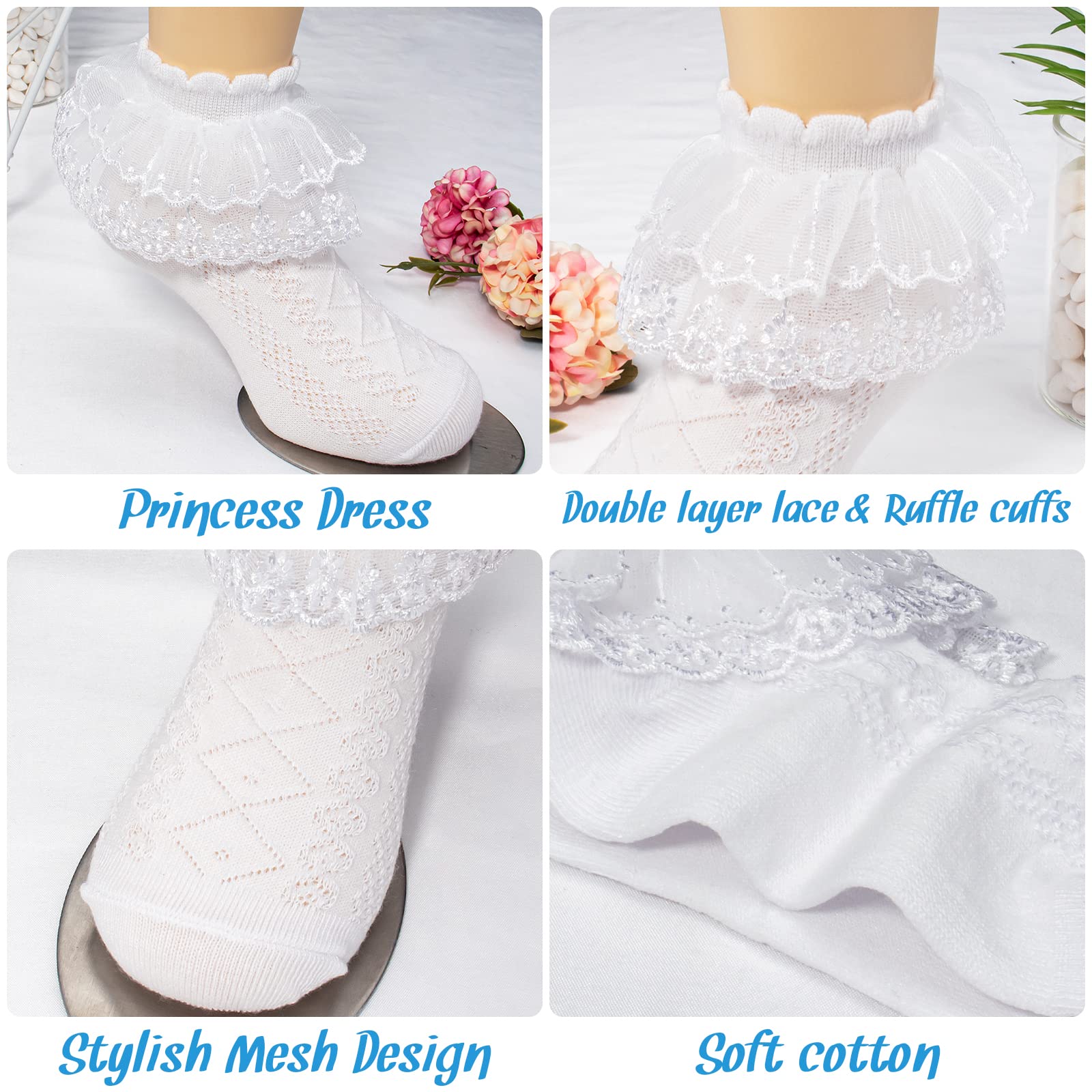 Looching 5 Pairs Baby Girls Ruffle Lace Socks - Soft Cotton Eyelet Mesh Frilly Ankle Socks for Toddlers 2-13T - Perfect for Princess Dresses & Special Occasions