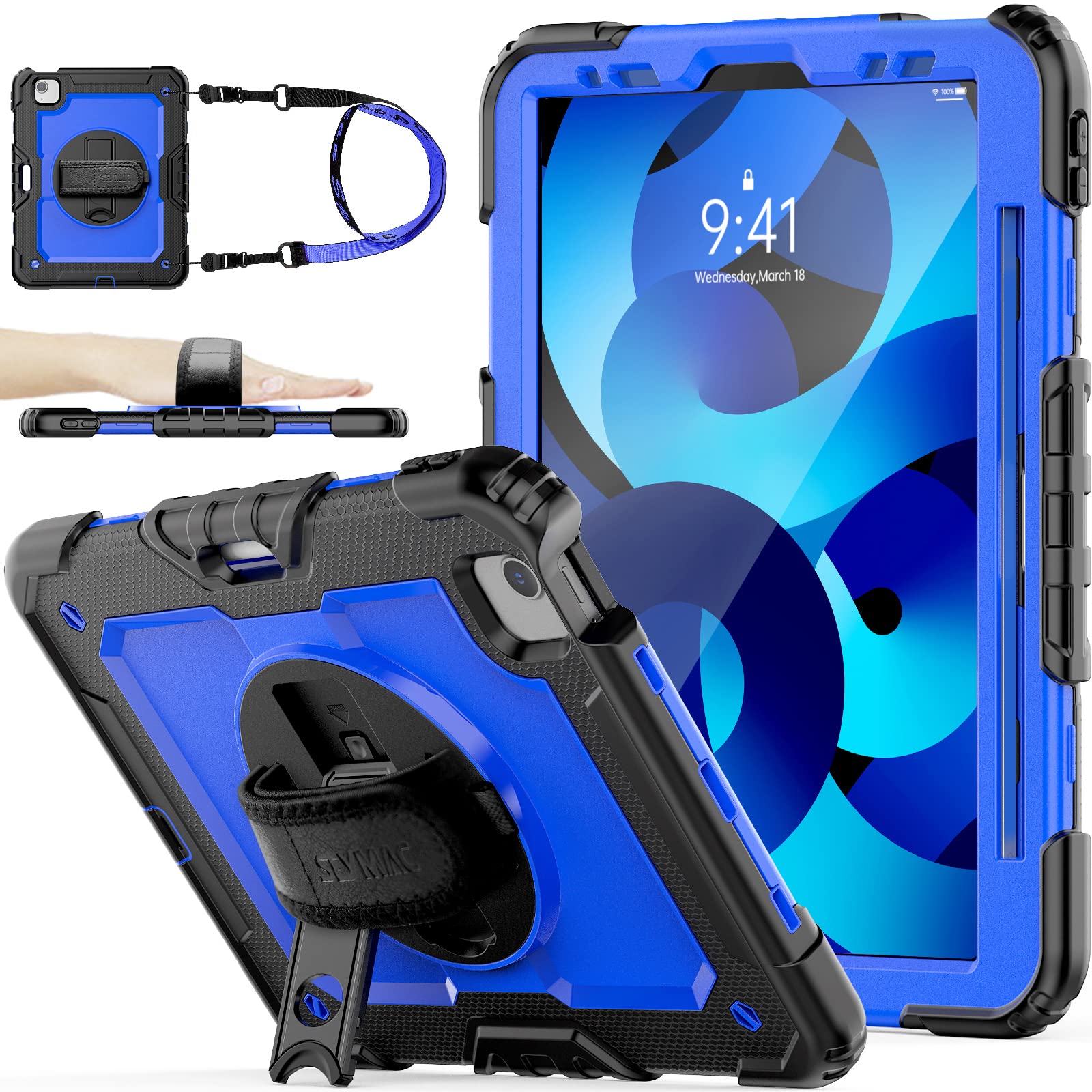 SEYMAC 360° Rotating Protective Case with Hand Strap & Stand for iPad Air 5th/4th Gen 10.9