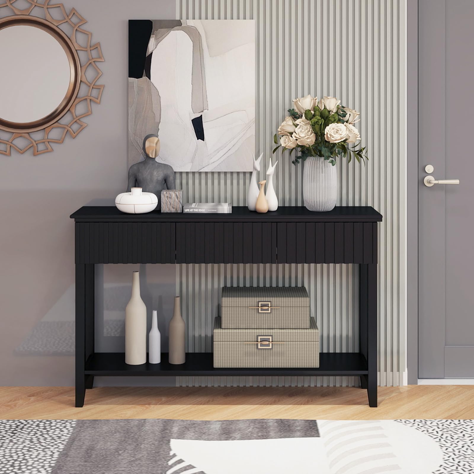 Modern Fluted Wood Console Table with 3 Drawers & Open Shelf - Narrow Sofa Table Behind Couch, Entryway Table for Living Room, Foyer & Hallway - Black (1 Tier) | Perfect for Small Spaces & Home Decor