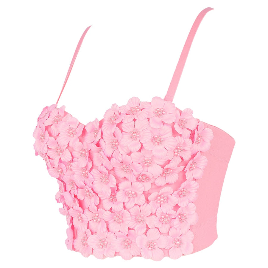 Women's Floral Pearl Crop Top with Built-in Bra - Harajuku Backless Push Up Bralette for Party & Club Wear | Sexy Summer Outfit, Festival Fashion, Date Night Top