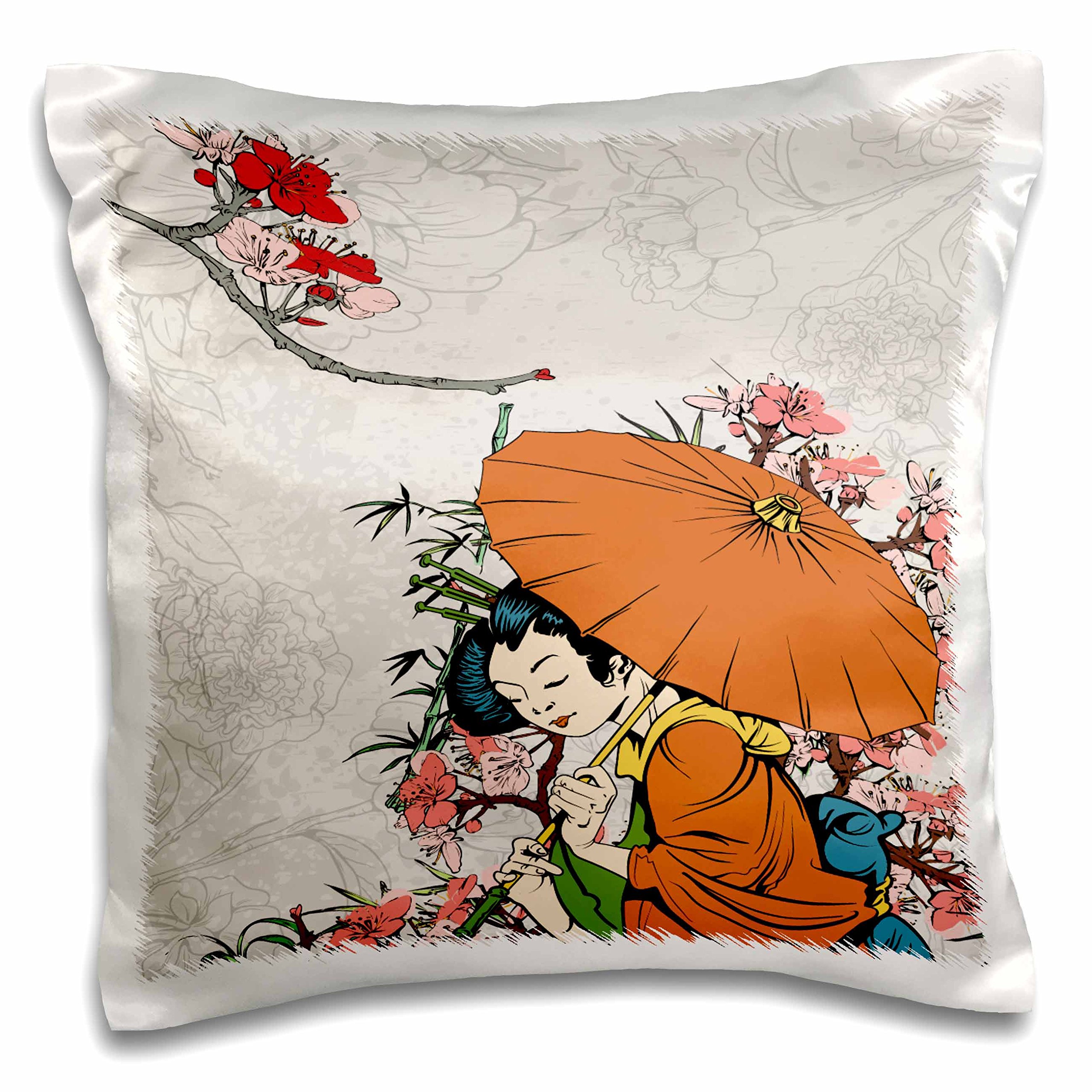 3D Printed Japanese Geisha with Umbrella & Cherry Blossom Decorative Pillow Case - 16x16 Inch Asian Home Decor for Living Room, Bedroom, or Office