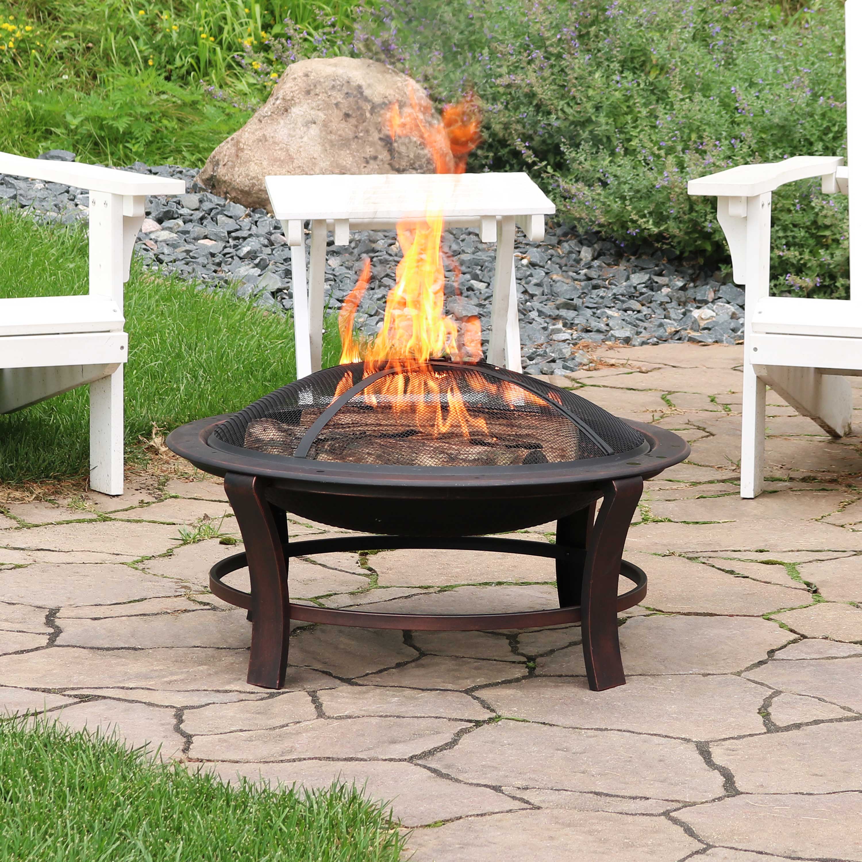 Sunnydaze 29-Inch Steel Elevated Outdoor Fire Pit Bowl with Spark Screen - Perfect for Backyard, Patio, and Camping Gatherings