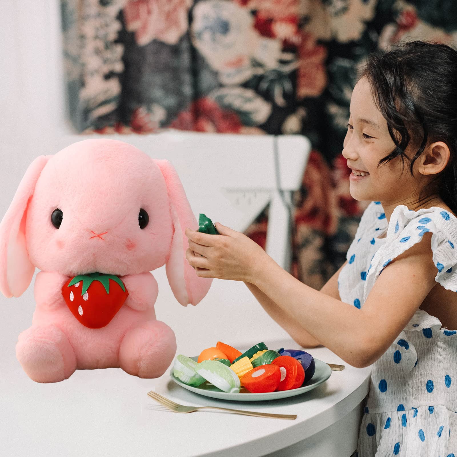 HOUPU 29.5in Realistic Lop Eared Rabbit Plush Toy - Soft White Easter Bunny Stuffed Animal with Carrot, Cute Standing Pink Long-Eared Plushie (Strawberry Pink, 75cm) - Perfect for Easter Gifts, Nursery Decor, Kids Bedroom, and Cuddly Companion