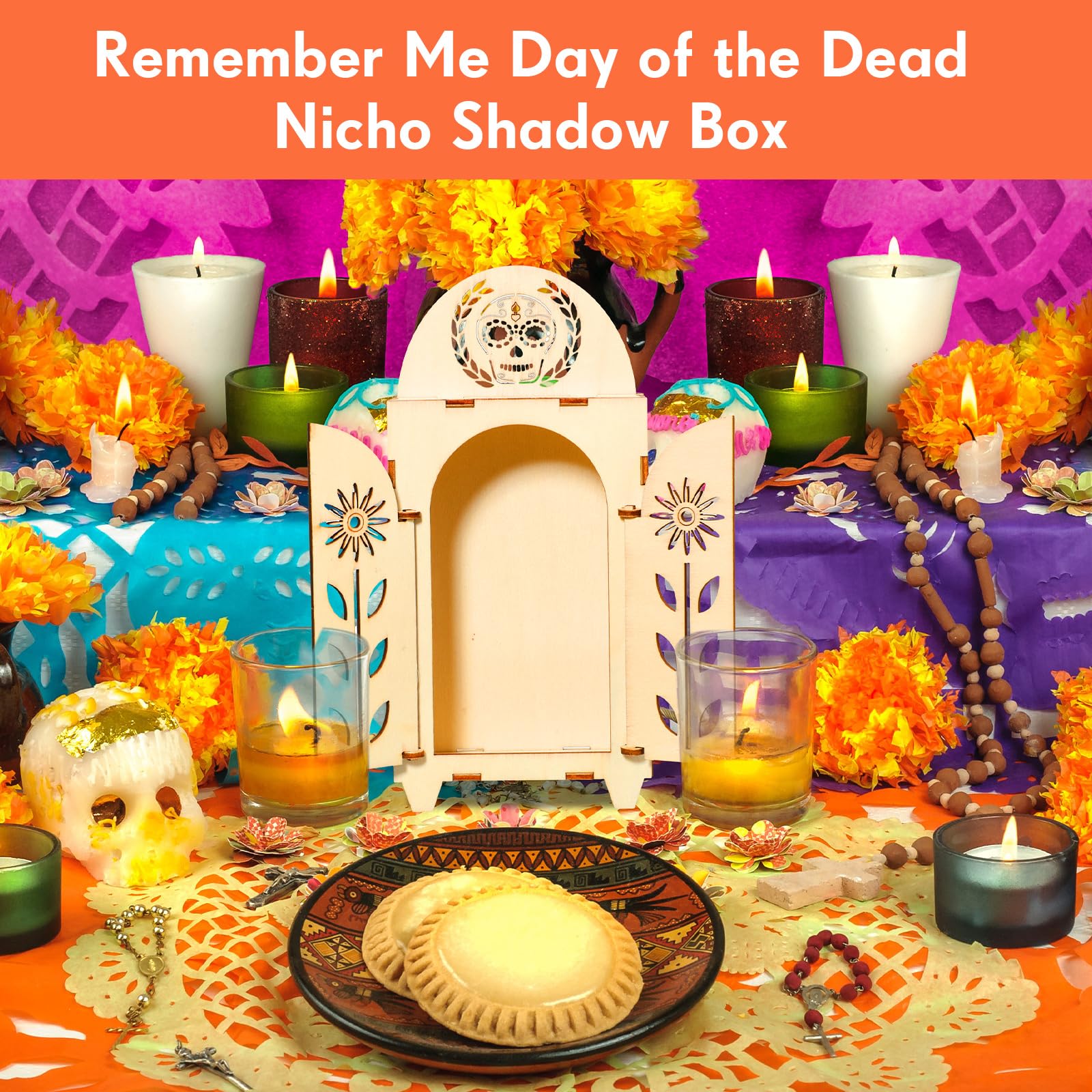 Soaoo Dia De Los Muertos Shadow Box - Wooden Day of The Dead Altar Decor with Skull & Papel Picado - Ofrenda Supplies & Remembrance Picture Frame (1 Piece) - Perfect for Home Altars, Halloween Decor & Mexican Culture Celebrations