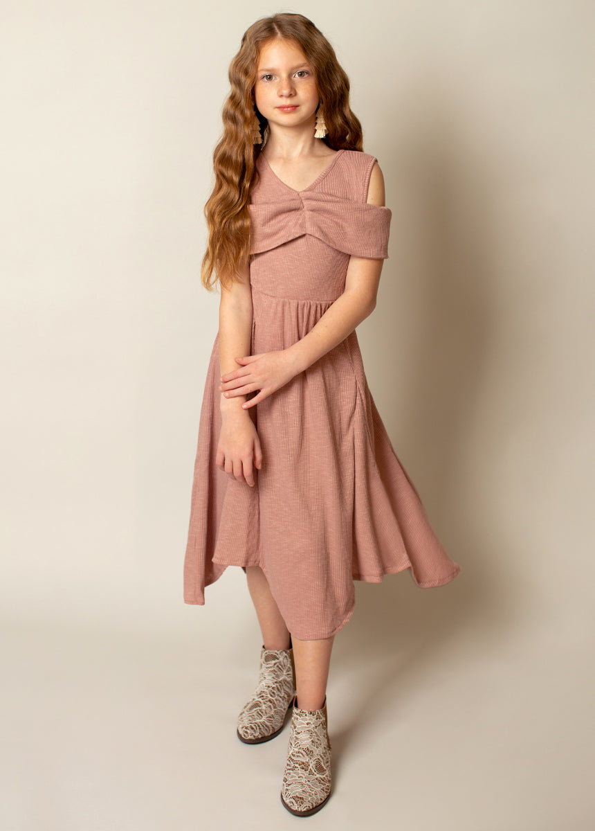 Medora Women's Nude Pink Dress - Elegant Flowy Midi Dress for Casual Wear, Date Night & Special Occasions