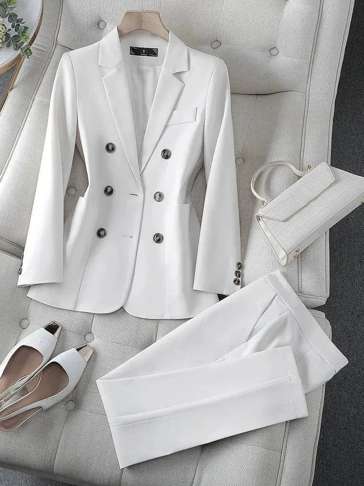 Elegant Double Breasted Women's Pant Suit Set - 2 Piece Professional Blazer & Pants with Pockets | Perfect for Office Wear, Business Meetings & Formal Events