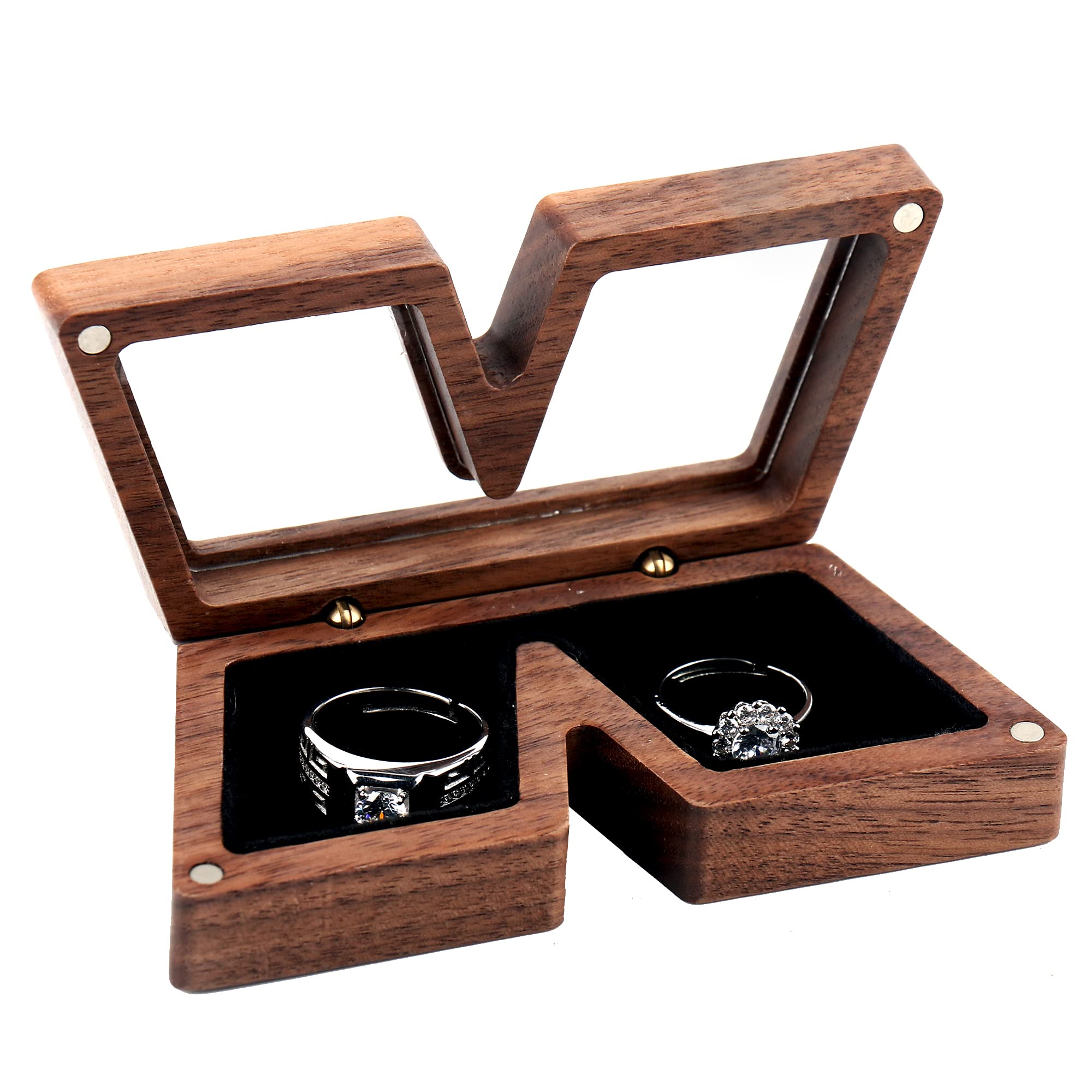 Yookin Solid Walnut Wood Engagement Ring Box - Double Ring Storage Holder for Wedding Proposals, W-Shaped Jewelry Case | Perfect for Marriage Proposals, Anniversary Gifts & Romantic Moments