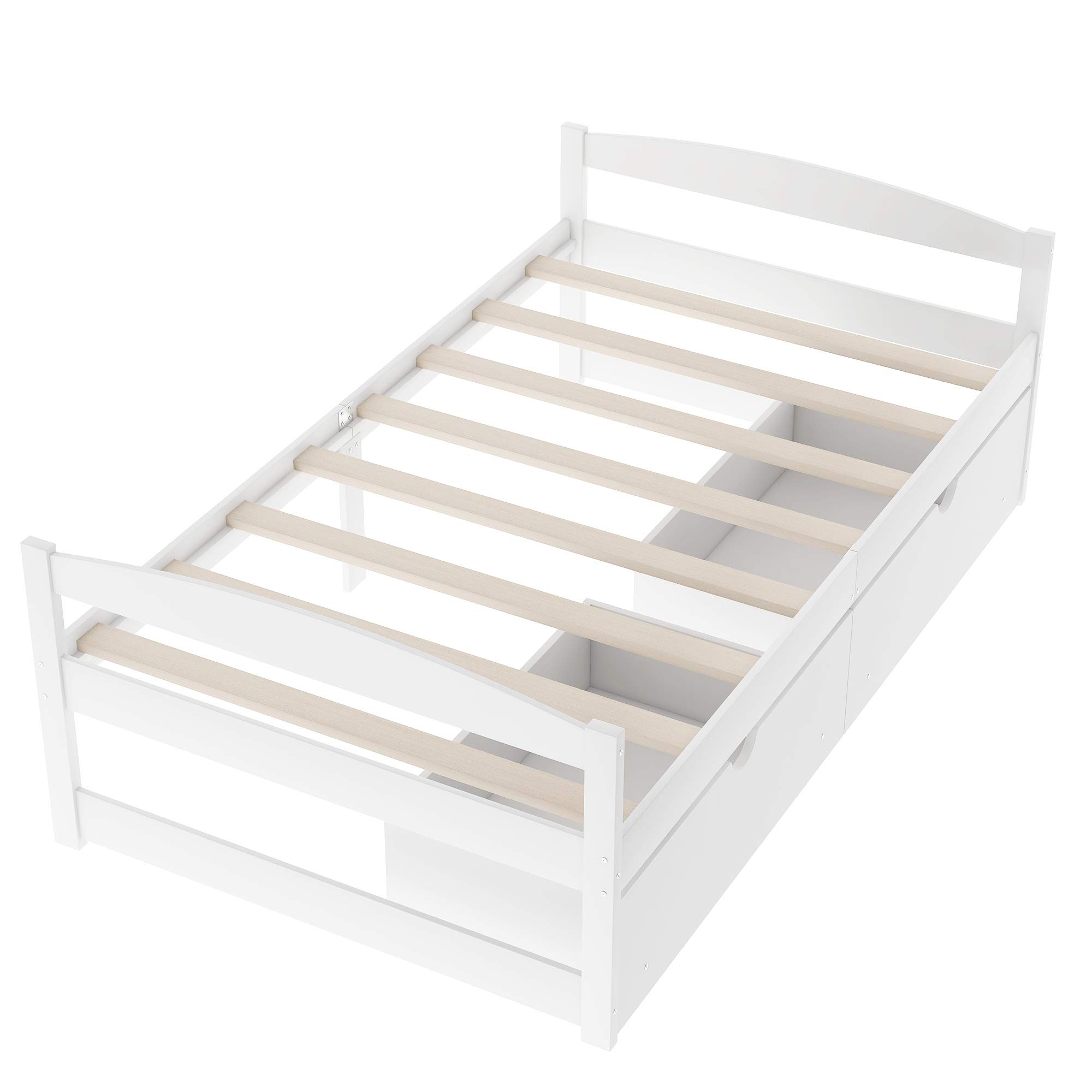 Twin Platform Bed with Storage Drawers - Solid Pine Wood Bed Frame - Space Saving Minimalist Design for Teens & Adults - Perfect for Small Bedrooms, Dorms & Guest Rooms (White)