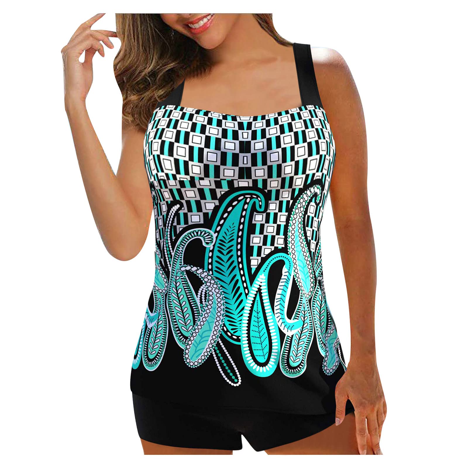 Women's Printed Tankini Bikini Set with Suspender - Large Size Split Beach Swimwear for Summer Vacation & Pool Party