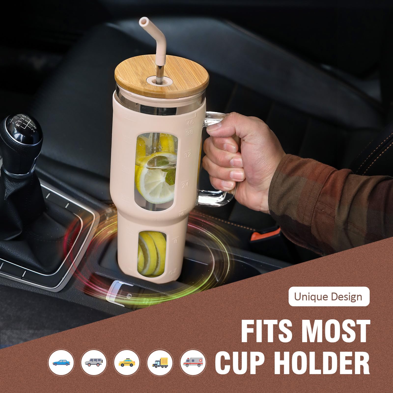 46 oz Glass Tumbler with Lid & Straw - BPA Free Iced Coffee Cup with Handle & Silicone Sleeve - Reusable Water Bottle for Home, Office, Gym - Includes Pearl Straw & Drinking Straw (Amber)