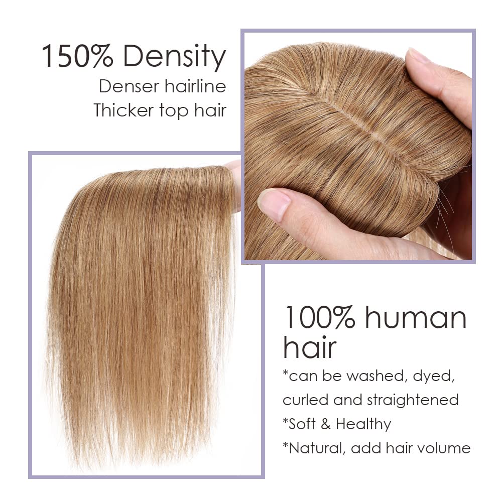 MY-LADY Human Hair Toppers for Women - 150% Density Remy Hair Topper with Silk Base (7x13cm, No Bangs) - Clip in Hair Piece for Thinning Hair - 12 Inch Straight Hair Topper in #27 Dark Blonde - Perfect for Daily Wear, Special Occasions & Hair Loss Solutions