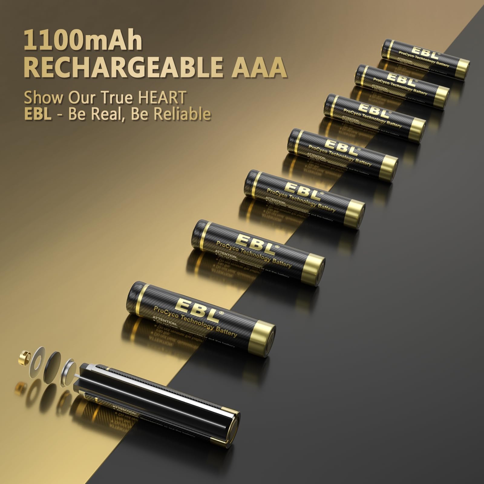 EBL Gold Pro Rechargeable AAA Batteries 1.2V 1100mAh NiMH - High Performance Triple A Battery Pack (16 Count) - Precharged for Cameras, Toys, and Electronic Devices