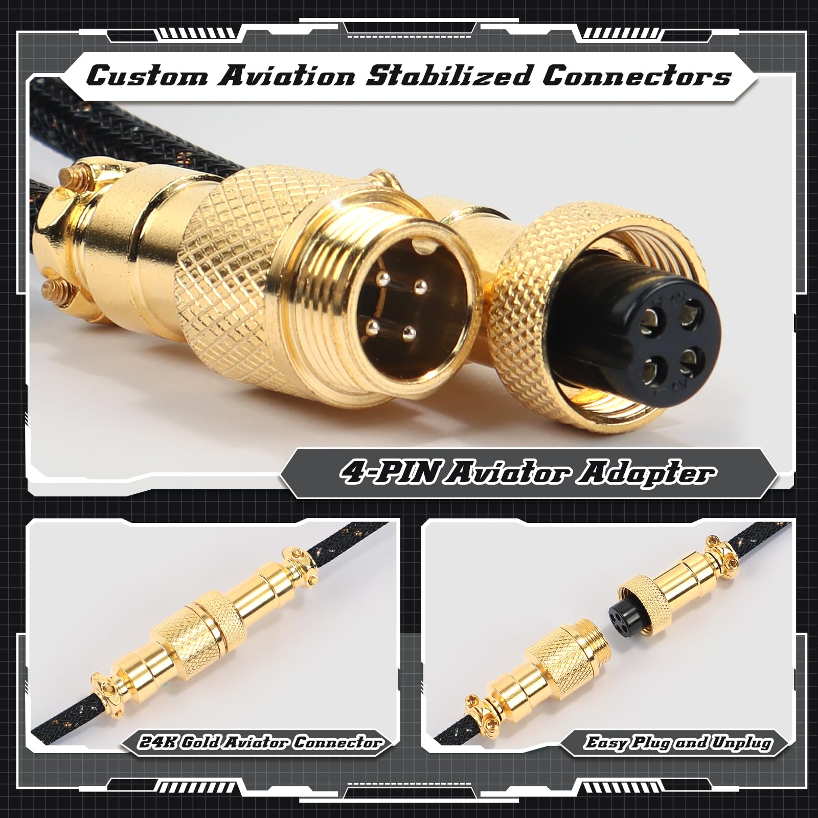Custom Coiled USB C to A Cable with Detachable Double Sleeve Braided Nylon - 24K Gold Aviator Connector for Mechanical Gaming Keyboard, Smartphone, Printer - Durable Spiral Spring Design for Home Office & Gaming Setup (Black)