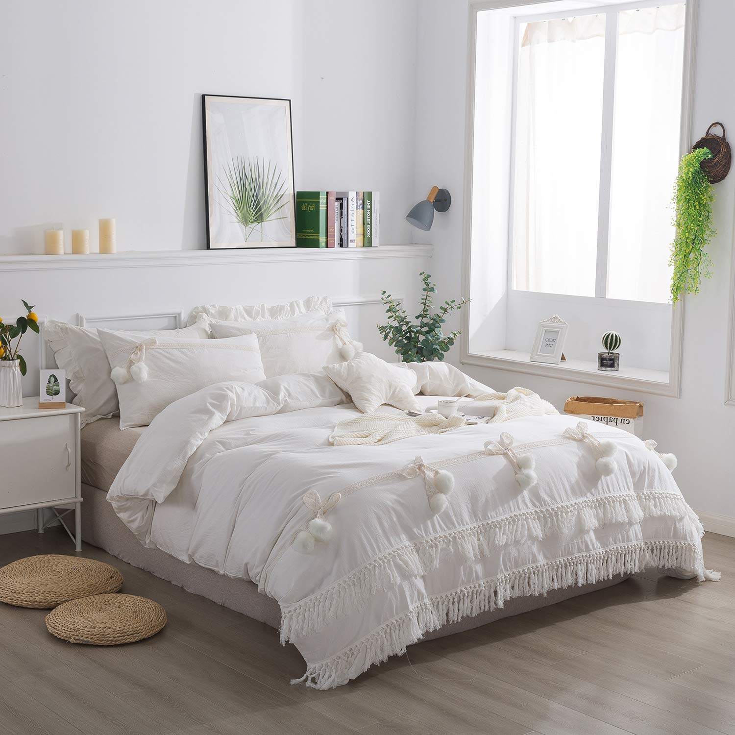 Softta Vintage Elegant White 3-Piece Full Size Duvet Cover Set - 100% Washed Cotton with Boho Tassel Bow Pompoms & Fringe, Zipper Closure & Corner Ties - Perfect for Farmhouse, Boho Chic & Vintage Style Bedrooms