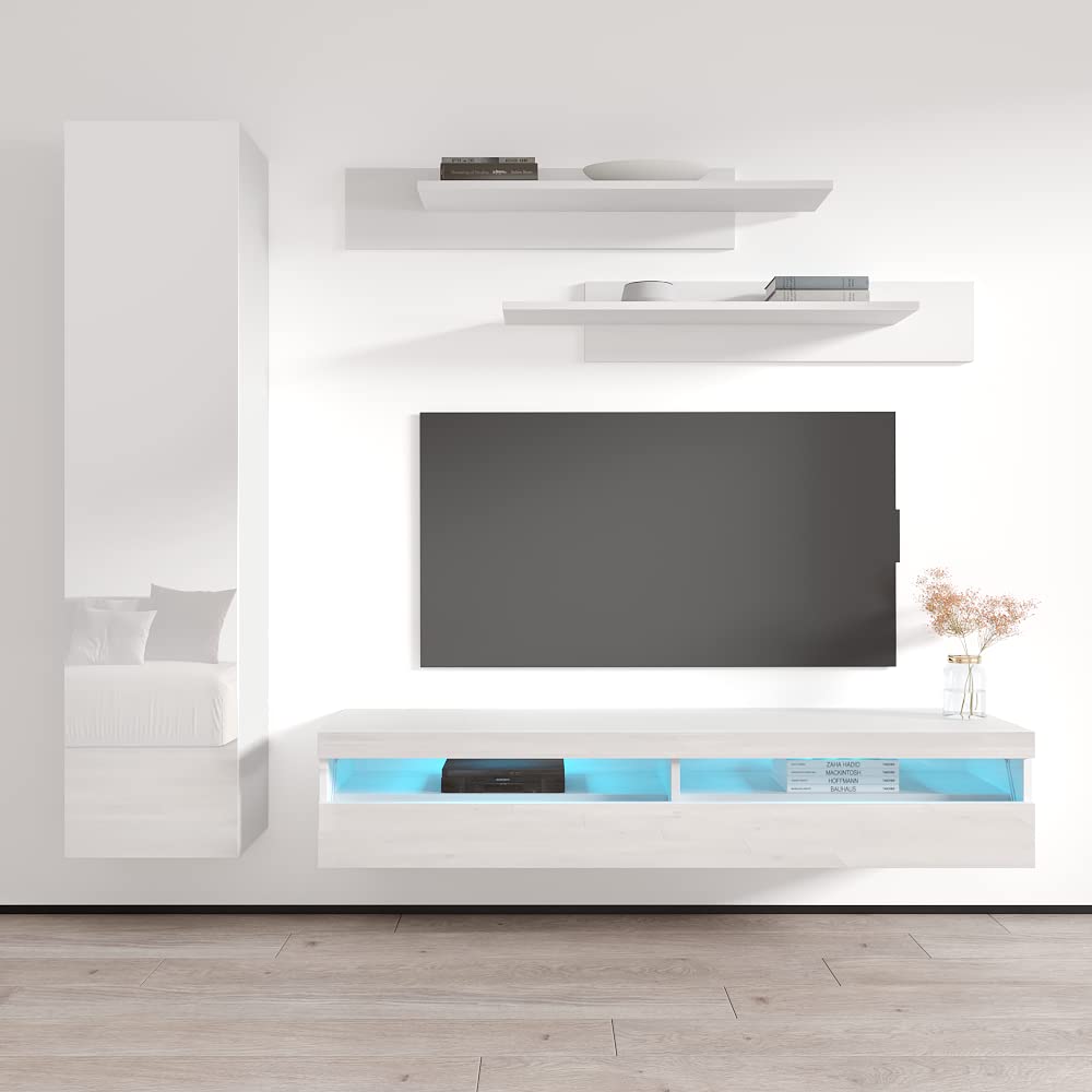 Modern White Wall-Mounted TV Stand with Storage Shelves & LED Lights - Floating Entertainment Center Console for Living Room & Bedroom - Meble Furniture Fly G1 35