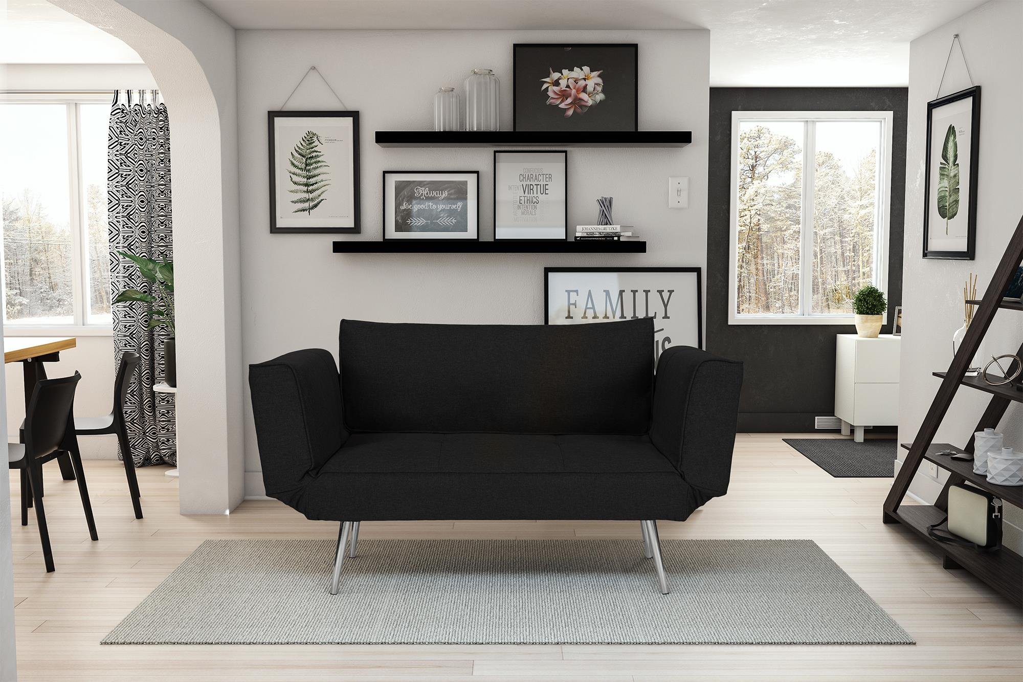 DHP Euro 60 Inch Futon Sofa Bed - Convertible Upholstered Couch Sleeper with Fold-Down Arms & Storage Pocket for Small Spaces, Black | Perfect for Studio Apartments, Guest Rooms & Home Offices