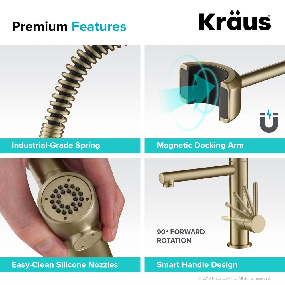 KRAUS Artec Pro 1st Gen Commercial Style Pre-Rinse Single Handle Kitchen Faucet with Pot Filler - Brushed Gold Finish, No Pull Down (KPF-1603BG) - Perfect for Modern Kitchens, Restaurants & Food Prep Areas