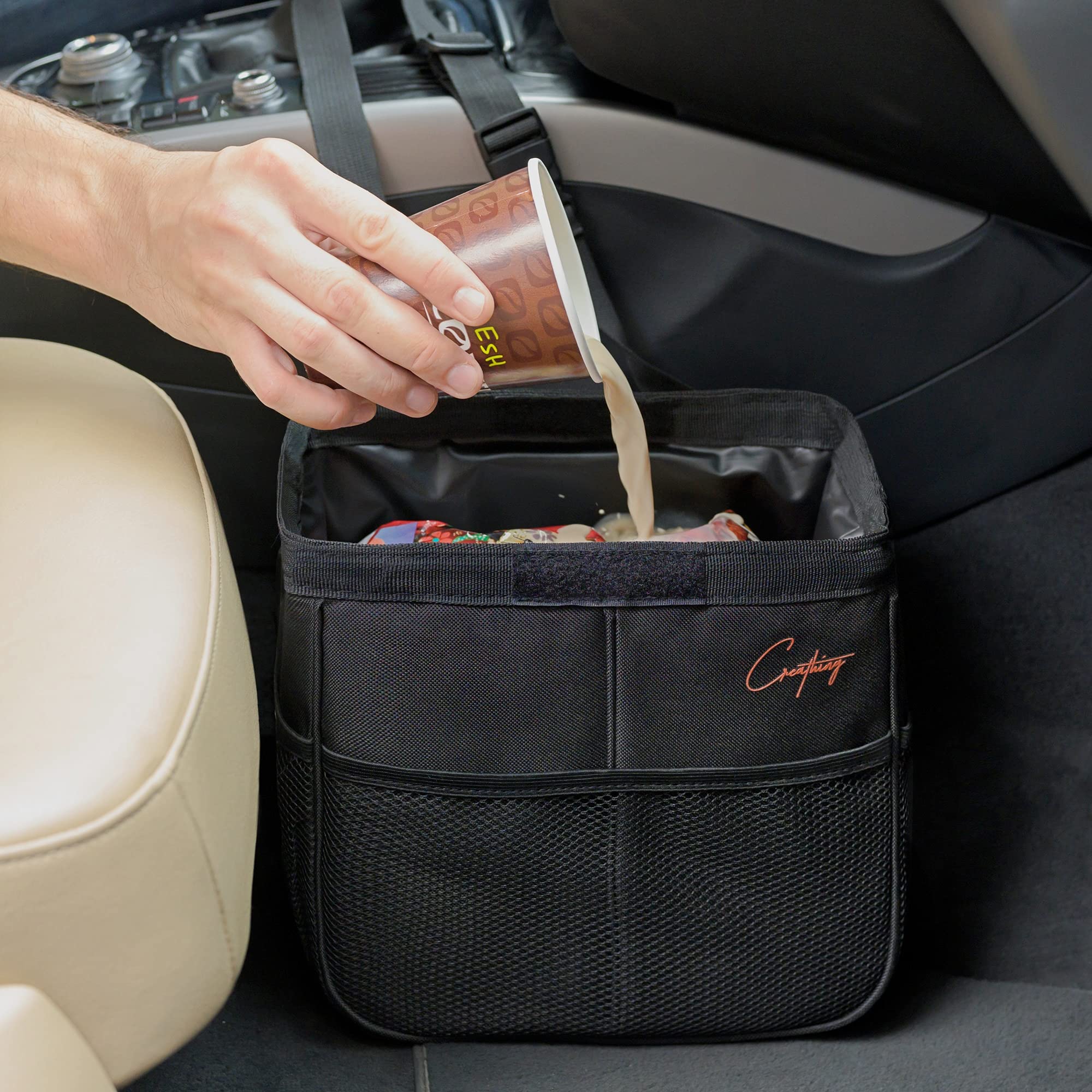 Foldable Waterproof Car Trash Can - 2 Gallon Organizer Bag for Console & Seat | Medium Black Auto Garbage Bin | Perfect for Road Trips, Commuting & Keeping Your Vehicle Clean