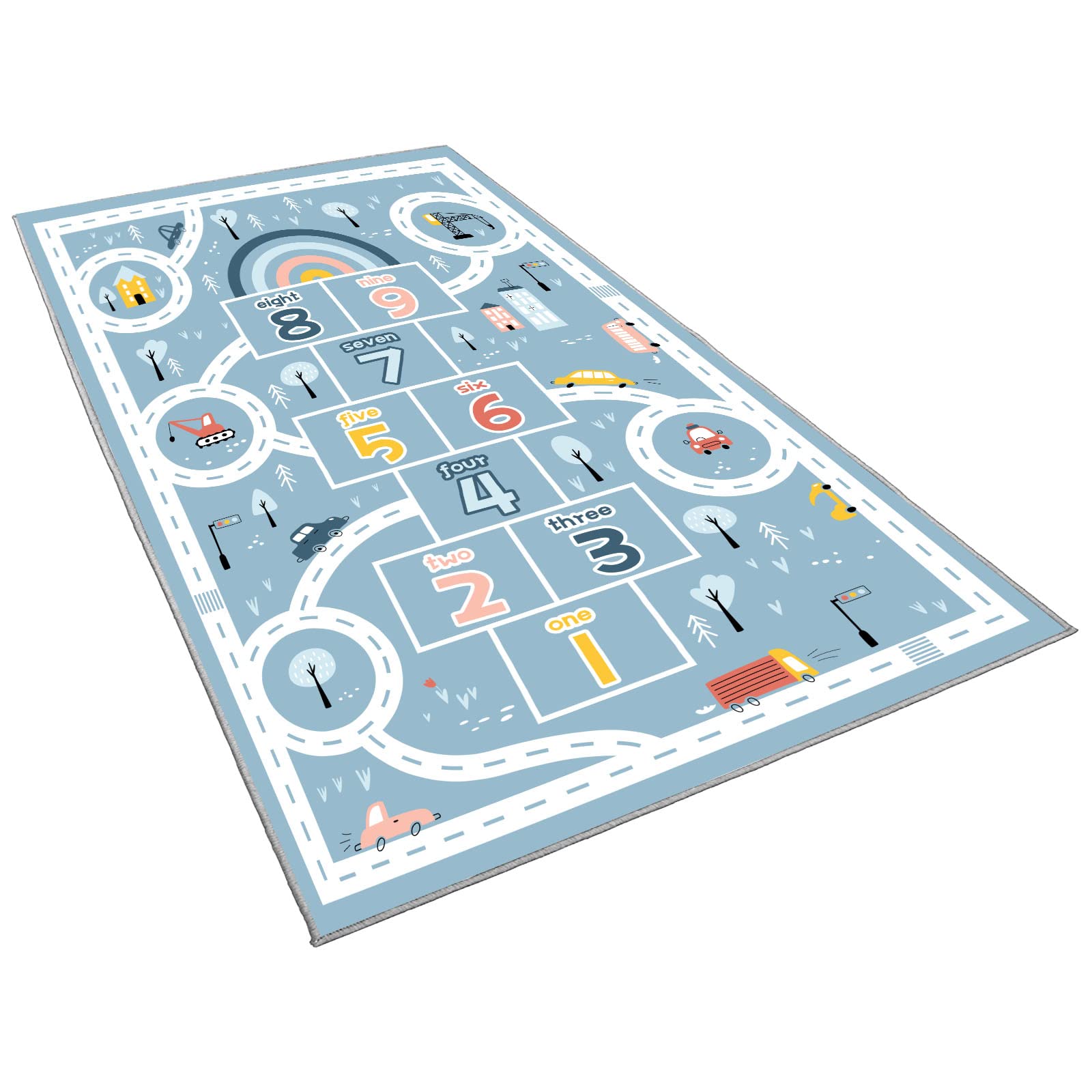 **Non-Slip Kids Play Mat - 160x230cm (63x91in) Blue Car Rug & Hopscotch Mat for Indoor/Outdoor Play - Durable Toy Car Playground & Educational Floor Game for Toddlers & Children - Perfect for Playrooms, Daycares & Backyards**