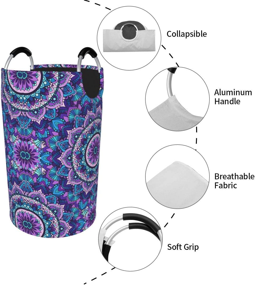 Dujiea 82L X-Large Collapsible Laundry Basket with Aluminum Handles - Tall Mandala Purple Clothes Hamper for Kids, Dorm Room, Bedroom & Bathroom Storage - Perfect for Laundry Organization & Home Decor