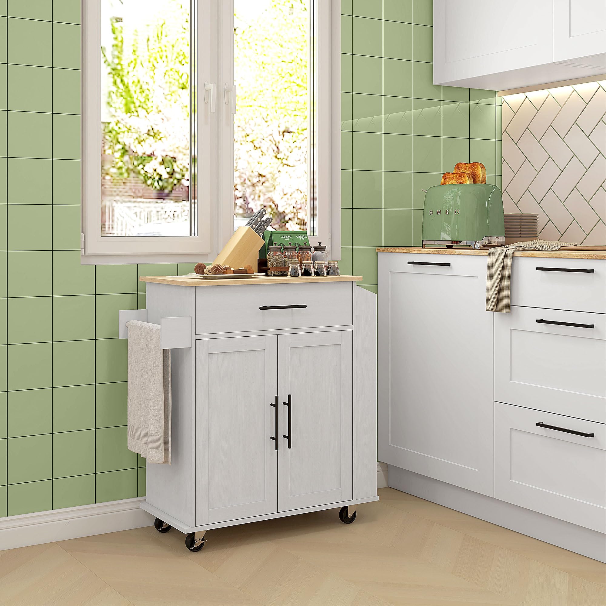 HOMCOM White Kitchen Cart with Wheels - Mobile Kitchen Island with Storage Shelf for Small Spaces, Perfect for Cooking, Baking & Dining Prep