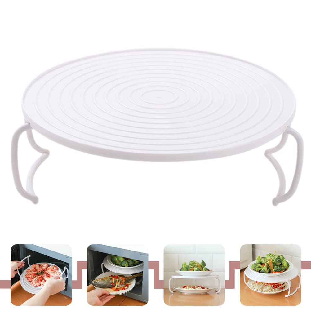 SOLUSTRE Foldable Microwave Plate Stacker - Plastic Steaming Tray Rack with Handle, Dish Stand Organizer for Kitchen, Cooking & Baking Accessories (White) - Perfect for Microwave Storage, Dish Drying & Countertop Organization