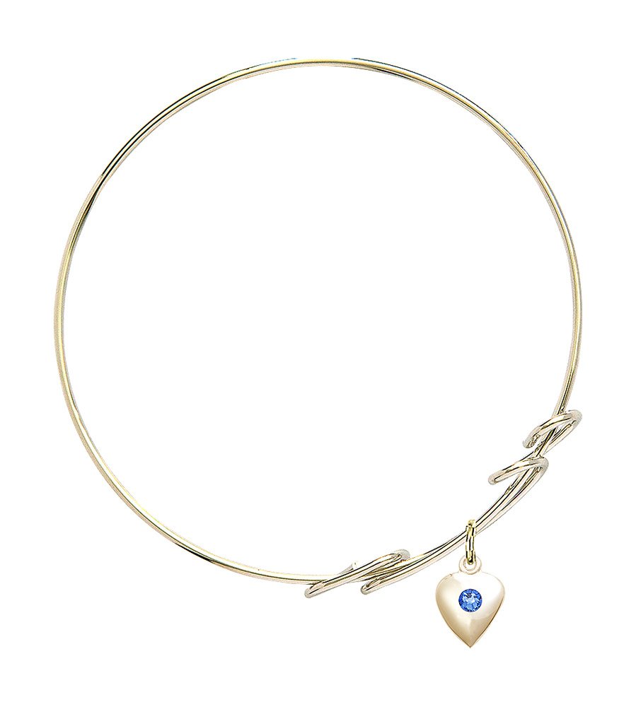 8 Inch Round Double Loop Bangle Bracelet with Heart Medal Charm & September Blue Crystal - Perfect for Gifts, Anniversaries, and Everyday Elegance
