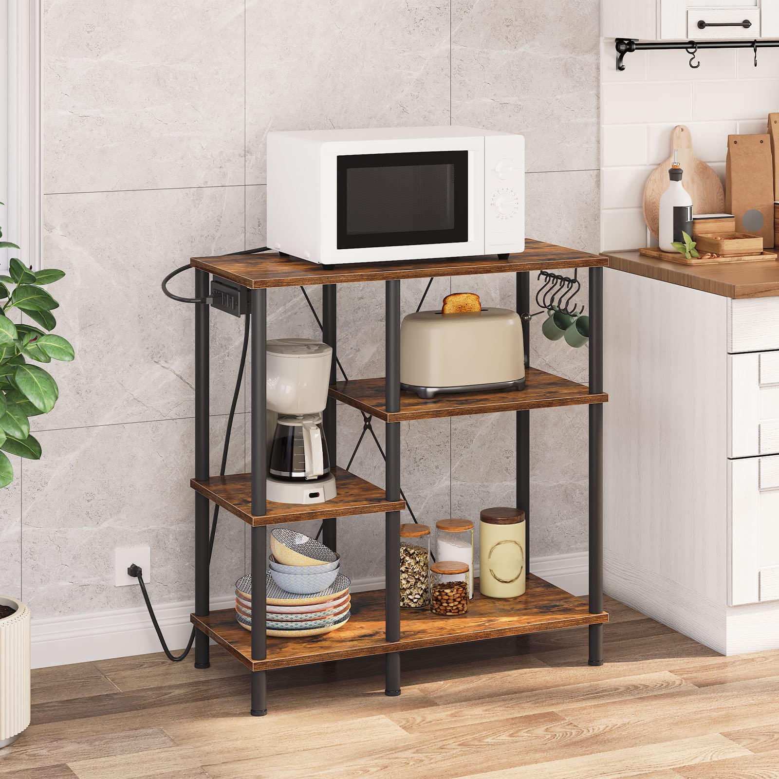 HOOBRO Rustic Brown and Black Bakers Rack with Power Outlet - Microwave Stand with 5 S-Shaped Hooks, Kitchen Storage Shelf & Coffee Bar Organizer - Perfect for Kitchen, Living Room, Dining Room, or Home Office (Model BF07UHB01)