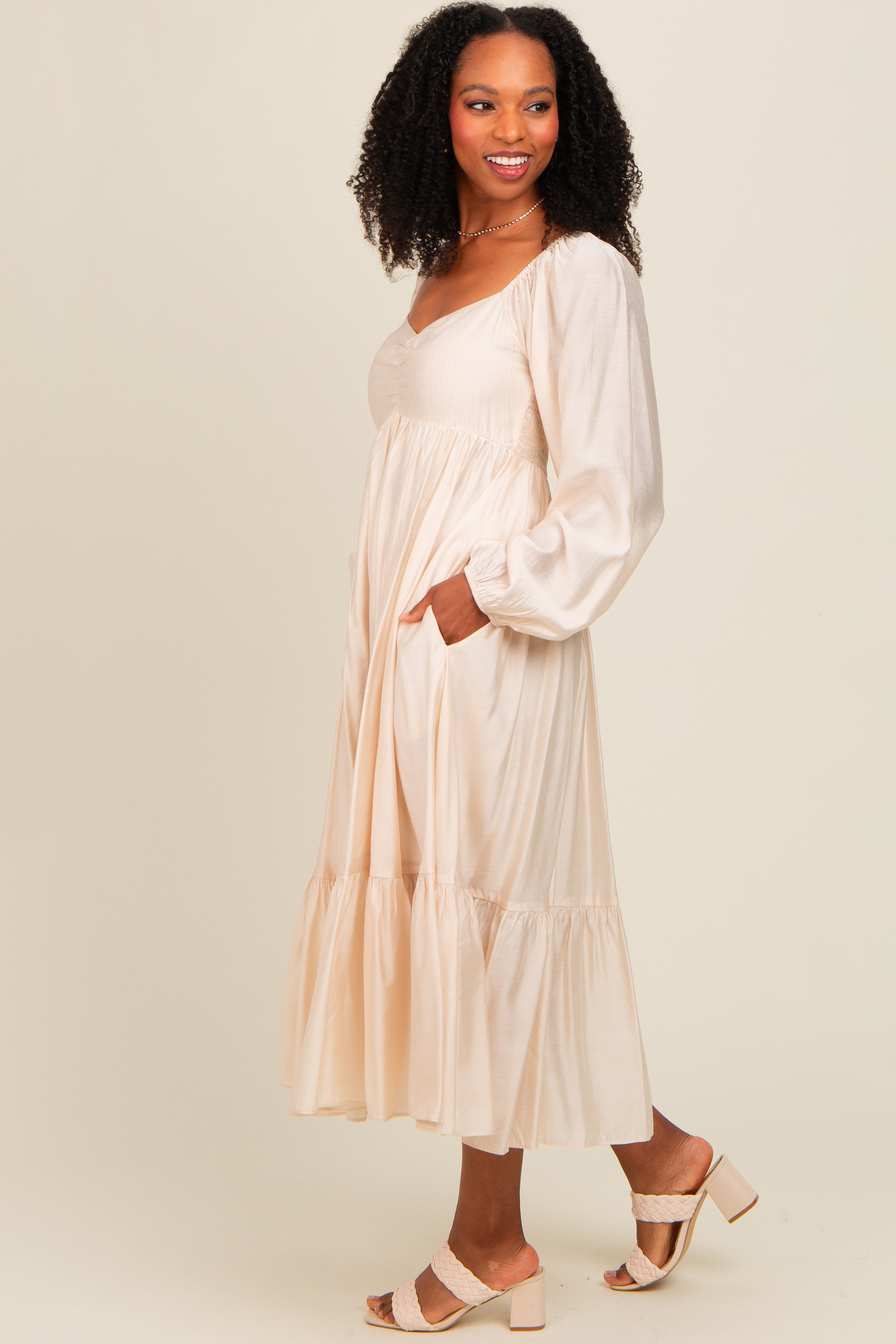 Beige Front Ruched Babydoll Midi Dress for Women - Elegant Party & Date Night Outfit - Summer Casual & Formal Occasion Wear