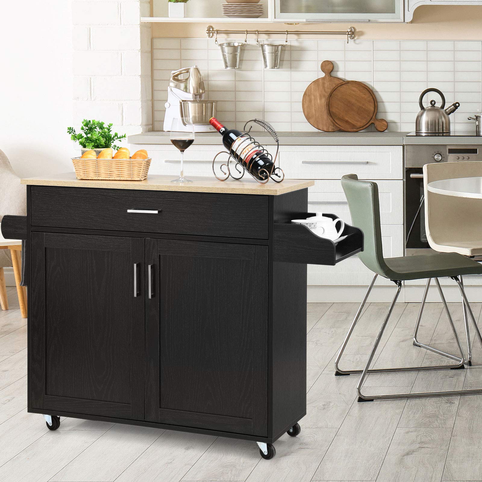 Giantex Kitchen Island Cart with Spice Rack & Towel Holder, Large Drawer & 2-Door Storage Cabinet, Lockable Wheels, Wooden Kitchen Trolley for Home & Restaurant Use - Perfect for Small Spaces, Meal Prep & Extra Counter Space (Black)
